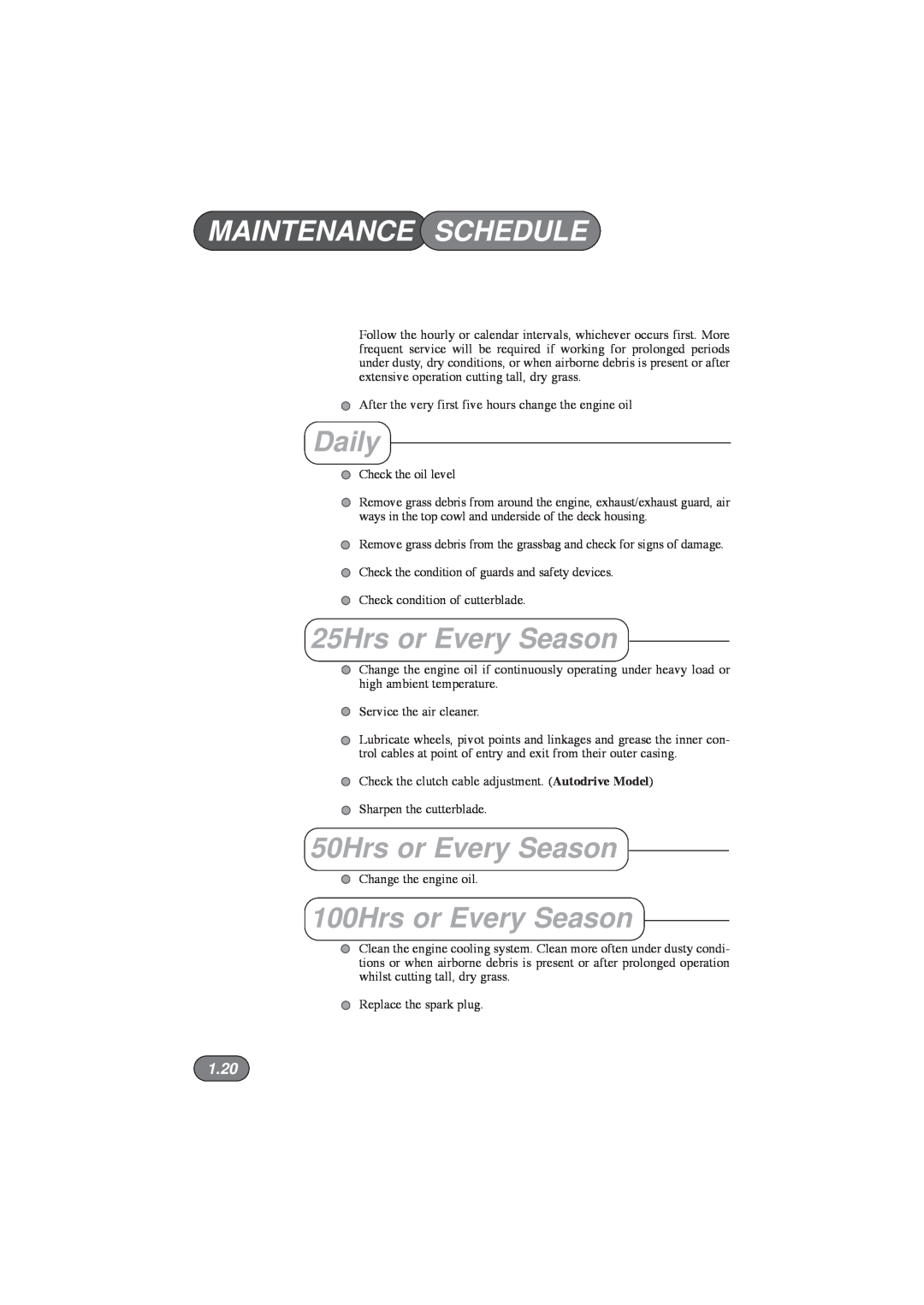 Hayter Mowers 435D Maintenance Schedule, Daily, 25Hrs or Every Season, 50Hrs or Every Season, 100Hrs or Every Season, 1.20 