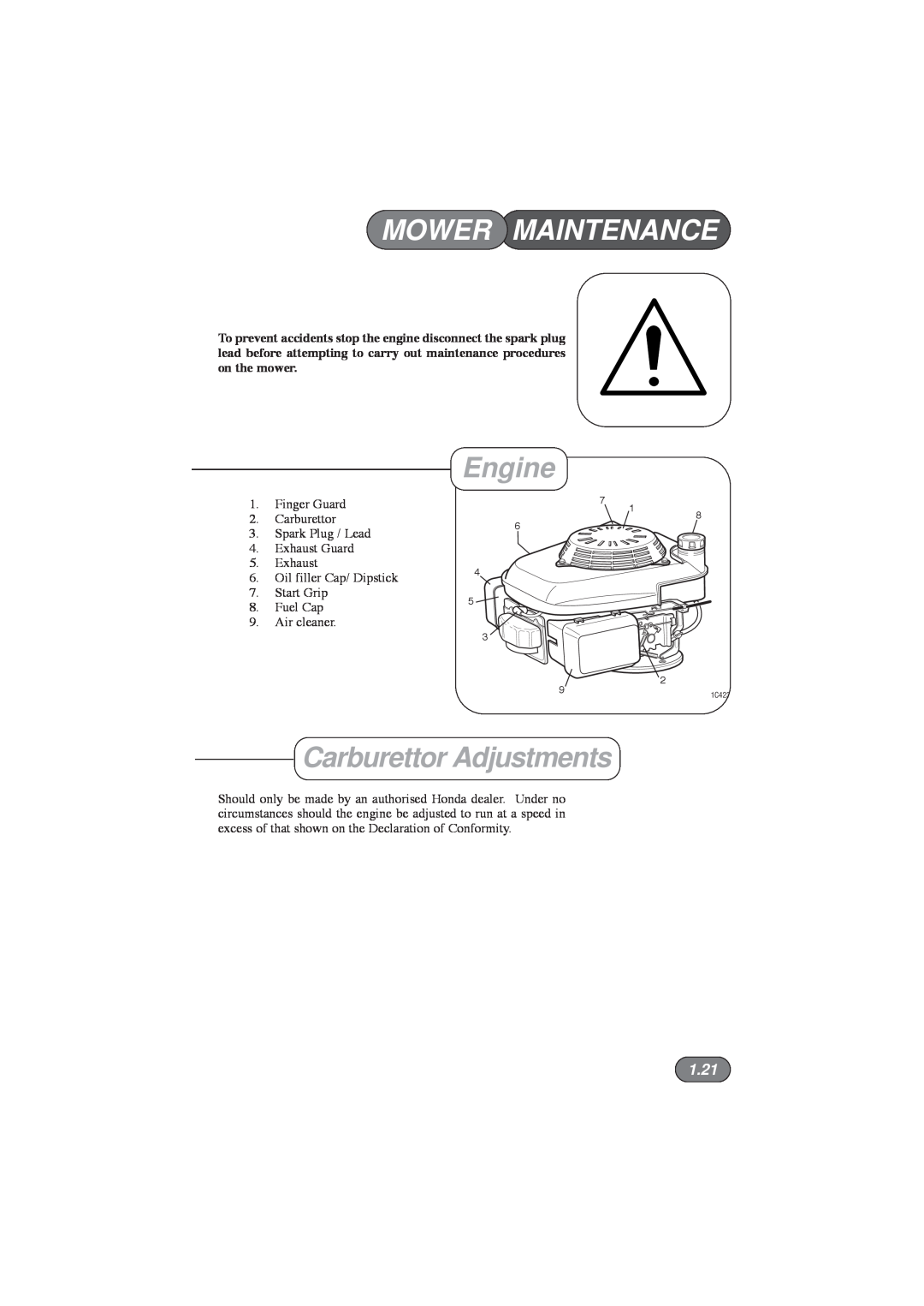 Hayter Mowers 434D, 435D, 433D, 432D manual Mower Maintenance, Engine, Carburettor Adjustments, 1.21 
