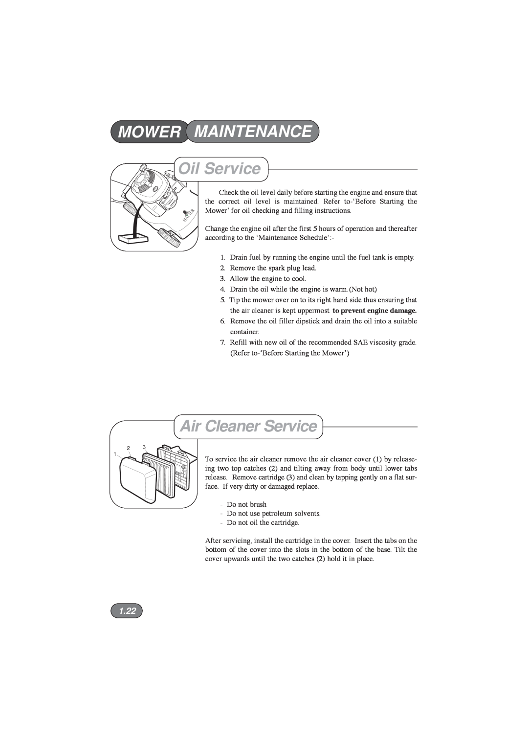 Hayter Mowers 433D, 435D, 434D, 432D manual Oil Service, Air Cleaner Service, 1.22, Mower Maintenance 