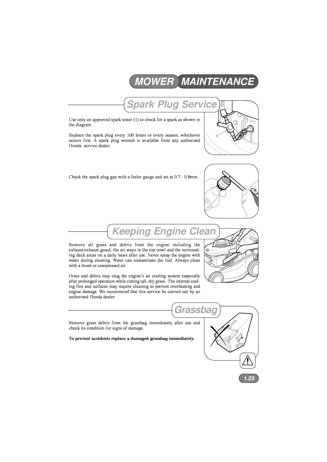 Hayter Mowers 432D, 435D, 434D, 433D manual Spark Plug Service, Keeping Engine Clean, 1.23, Mower Maintenance, Grassbag 