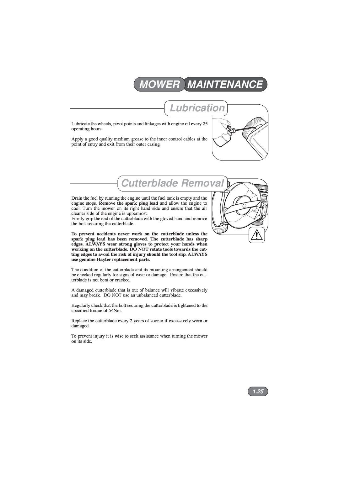 Hayter Mowers 434D, 435D, 433D, 432D manual Lubrication, Cutterblade Removal, 1.25, Mower Maintenance 