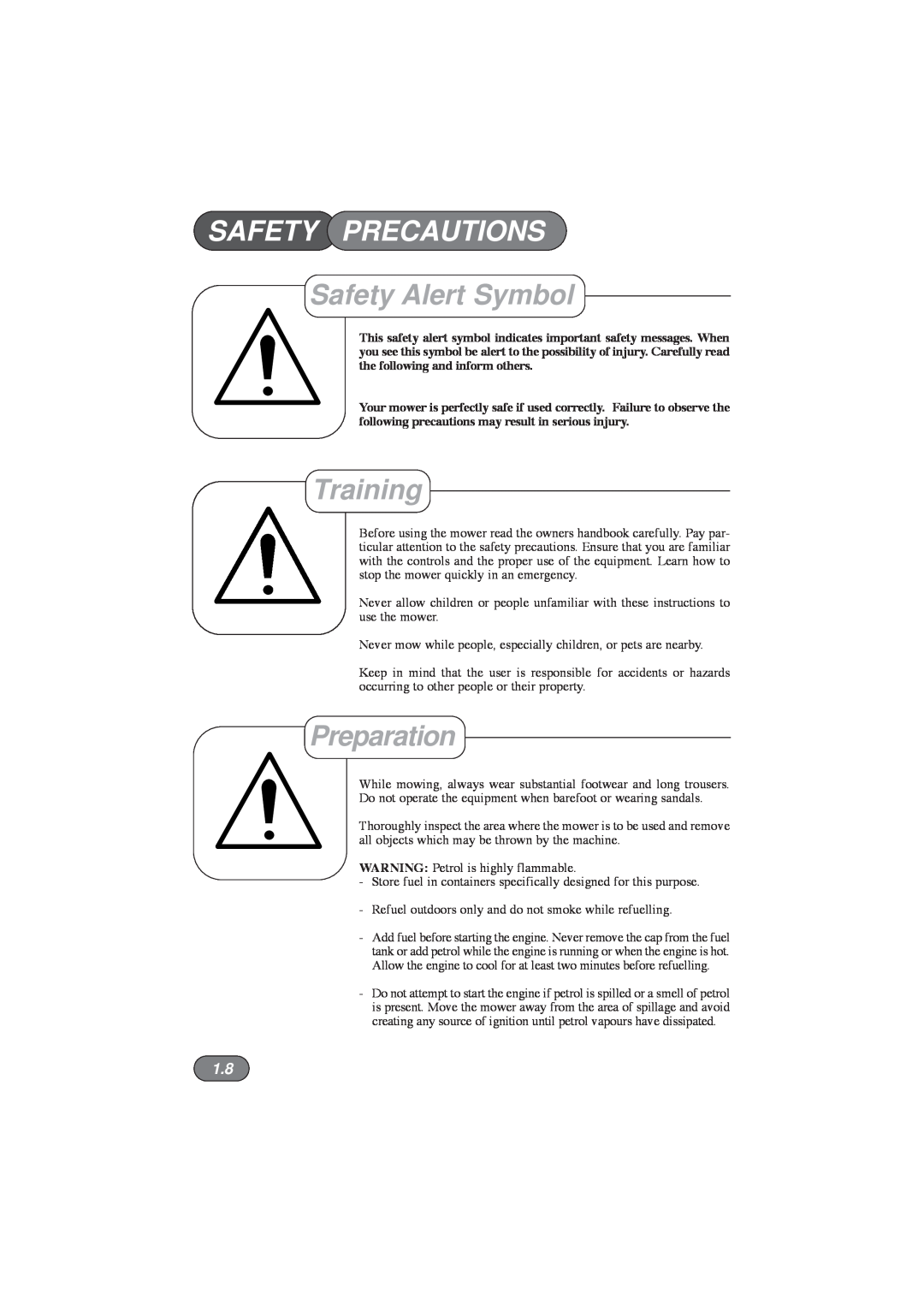 Hayter Mowers 435D, 434D, 433D, 432D manual Safety Precautions, Safety Alert Symbol, Training, Preparation 