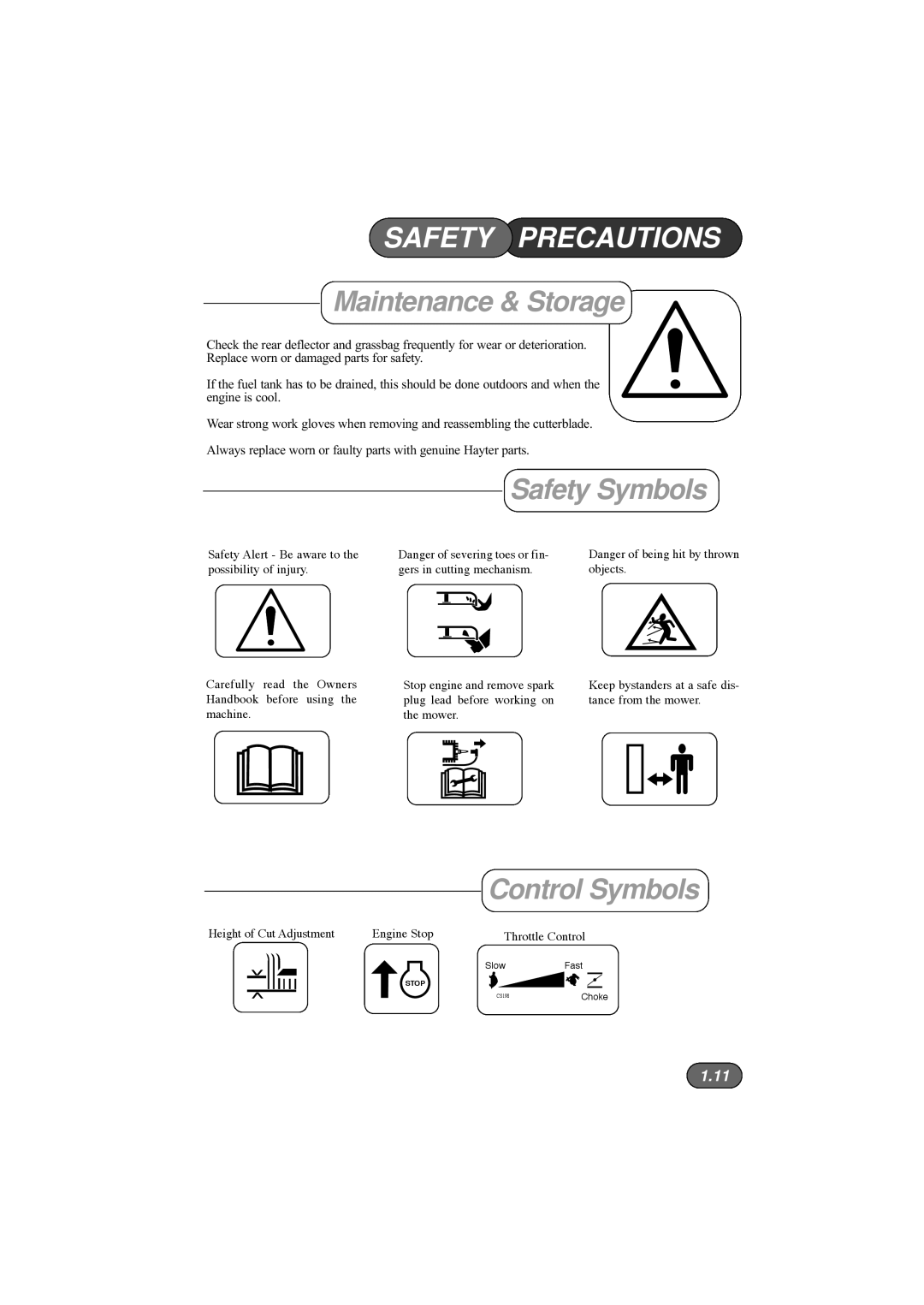 Hayter Mowers 433E, 435E, 432E, 434E manual Safety Symbols, Control Symbols 