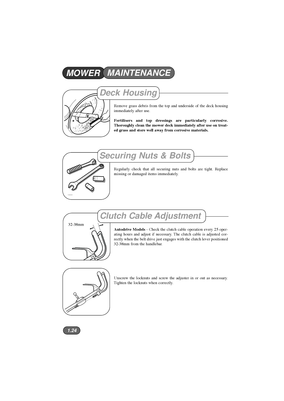 Hayter Mowers 435E, 432E, 434E, 433E manual Deck Housing, Securing Nuts & Bolts, Clutch Cable Adjustment 