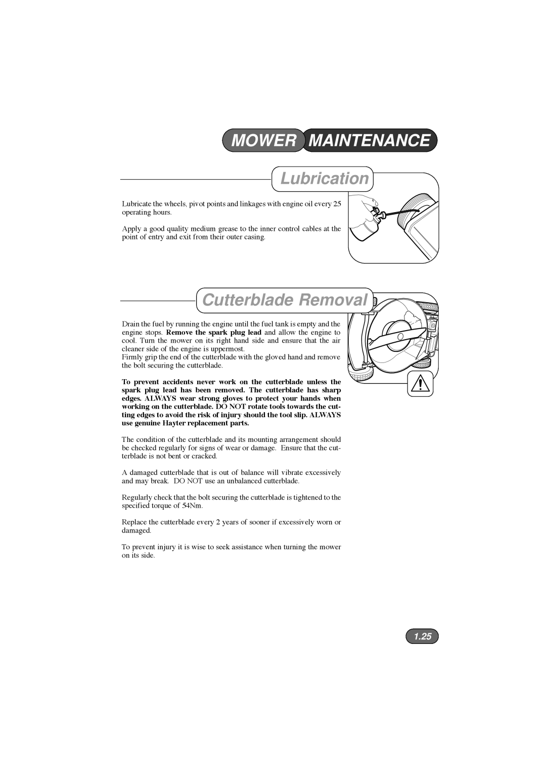 Hayter Mowers 432E, 435E, 434E, 433E manual Lubrication, Cutterblade Removal 