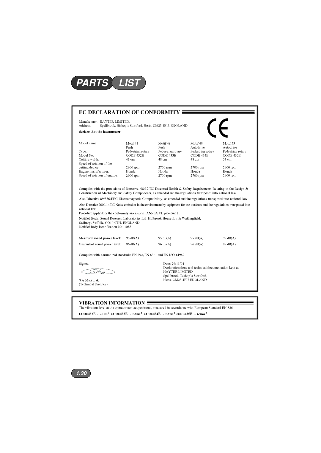 Hayter Mowers 434E, 435E, 432E, 433E manual Parts List, EC Declaration of Conformity 