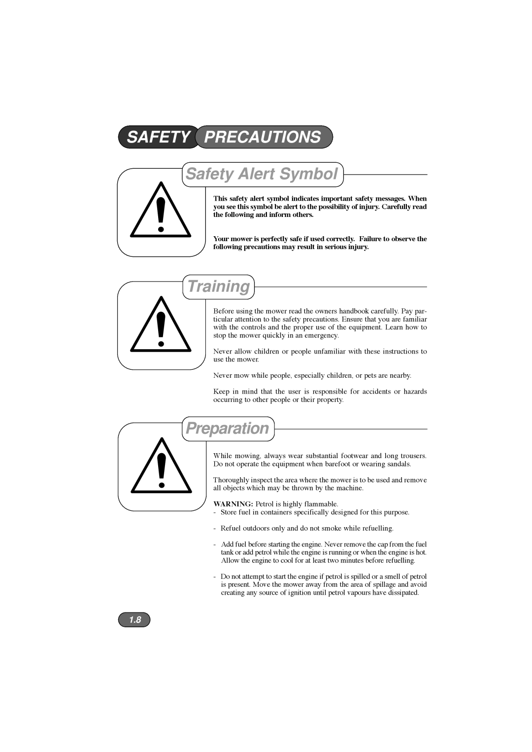 Hayter Mowers 435E, 432E, 434E, 433E manual Safety Precautions, Safety Alert Symbol, Training, Preparation 