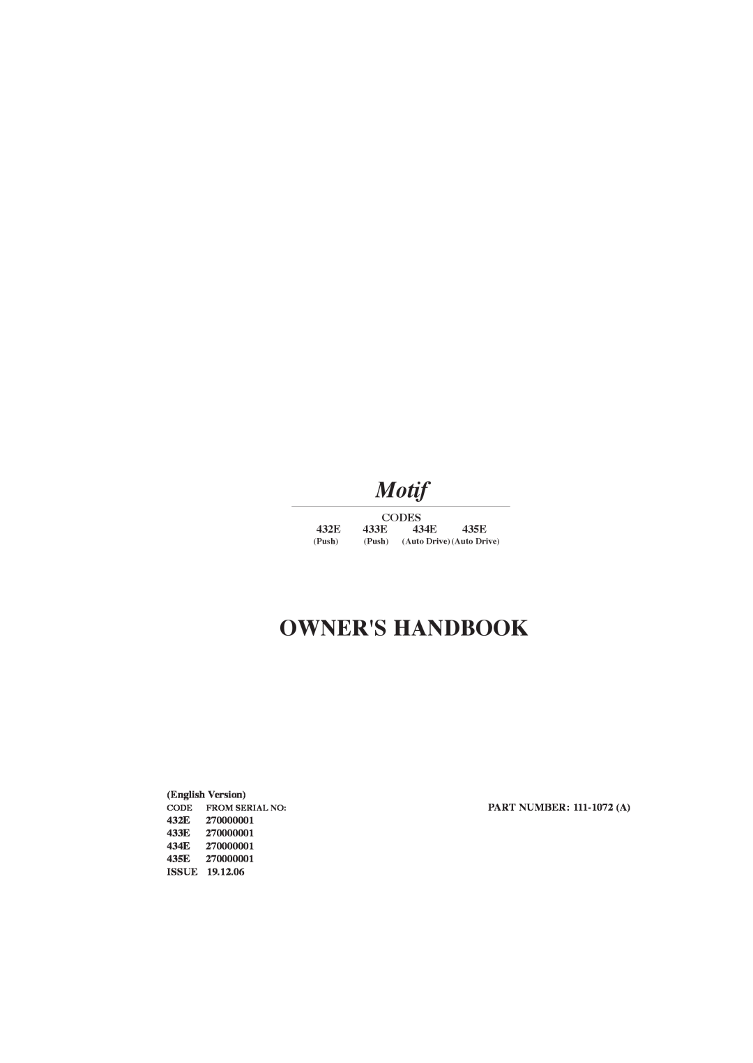 Hayter Mowers 432E manual Codes, 433E, 434E, 435E, Motif, Owners Handbook 