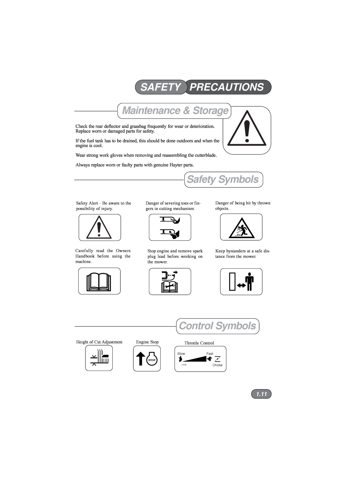 Hayter Mowers 433E, 435E, 432E, 434E manual Safety Symbols, Control Symbols, 1.11, Safety Precautions, Maintenance & Storage 