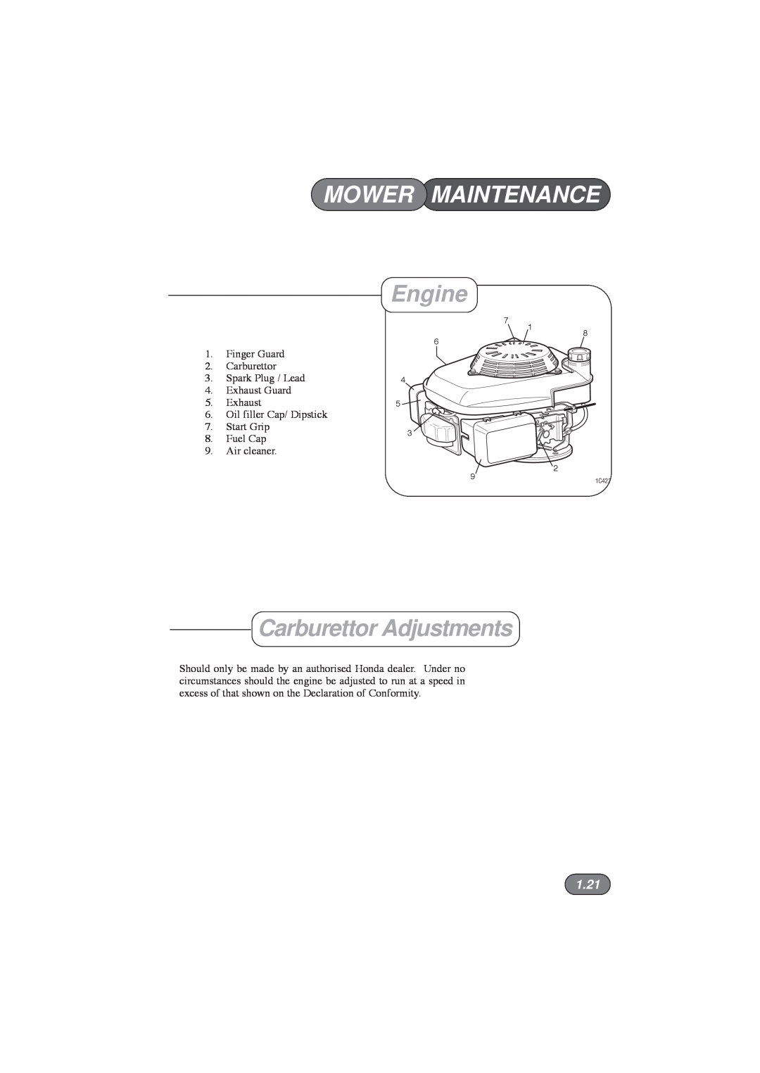 Hayter Mowers 432E, 435E, 434E, 433E manual Mower Maintenance, Engine, Carburettor Adjustments, 1.21 