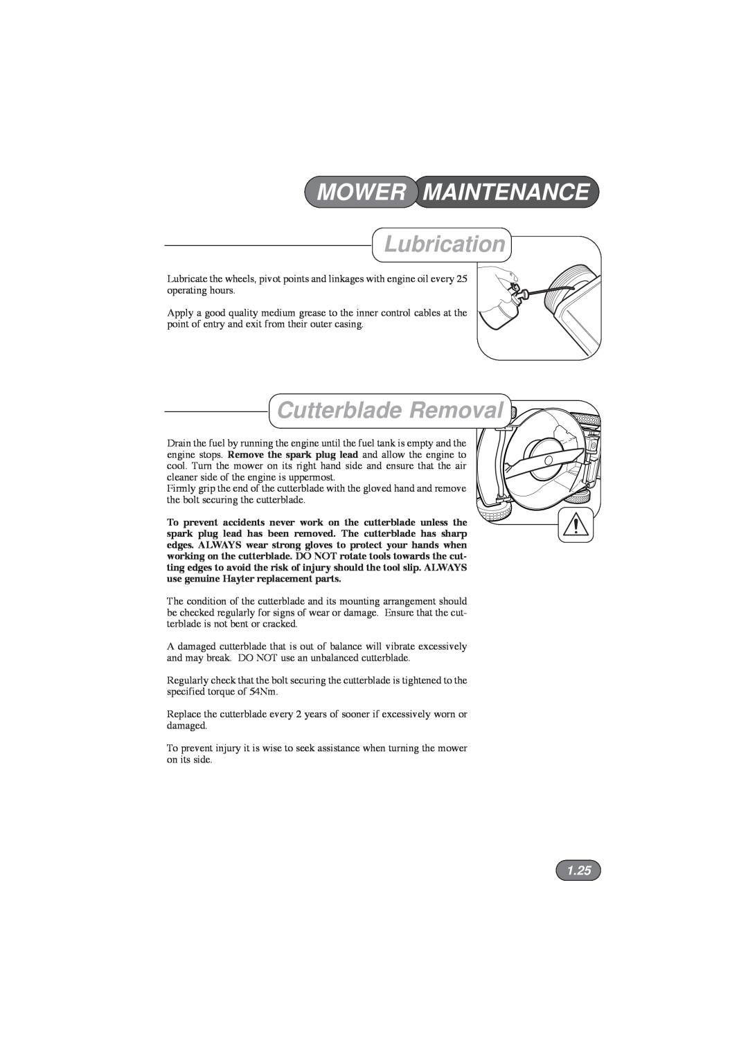 Hayter Mowers 432E, 435E, 434E, 433E manual Lubrication, Cutterblade Removal, 1.25, Mower Maintenance 