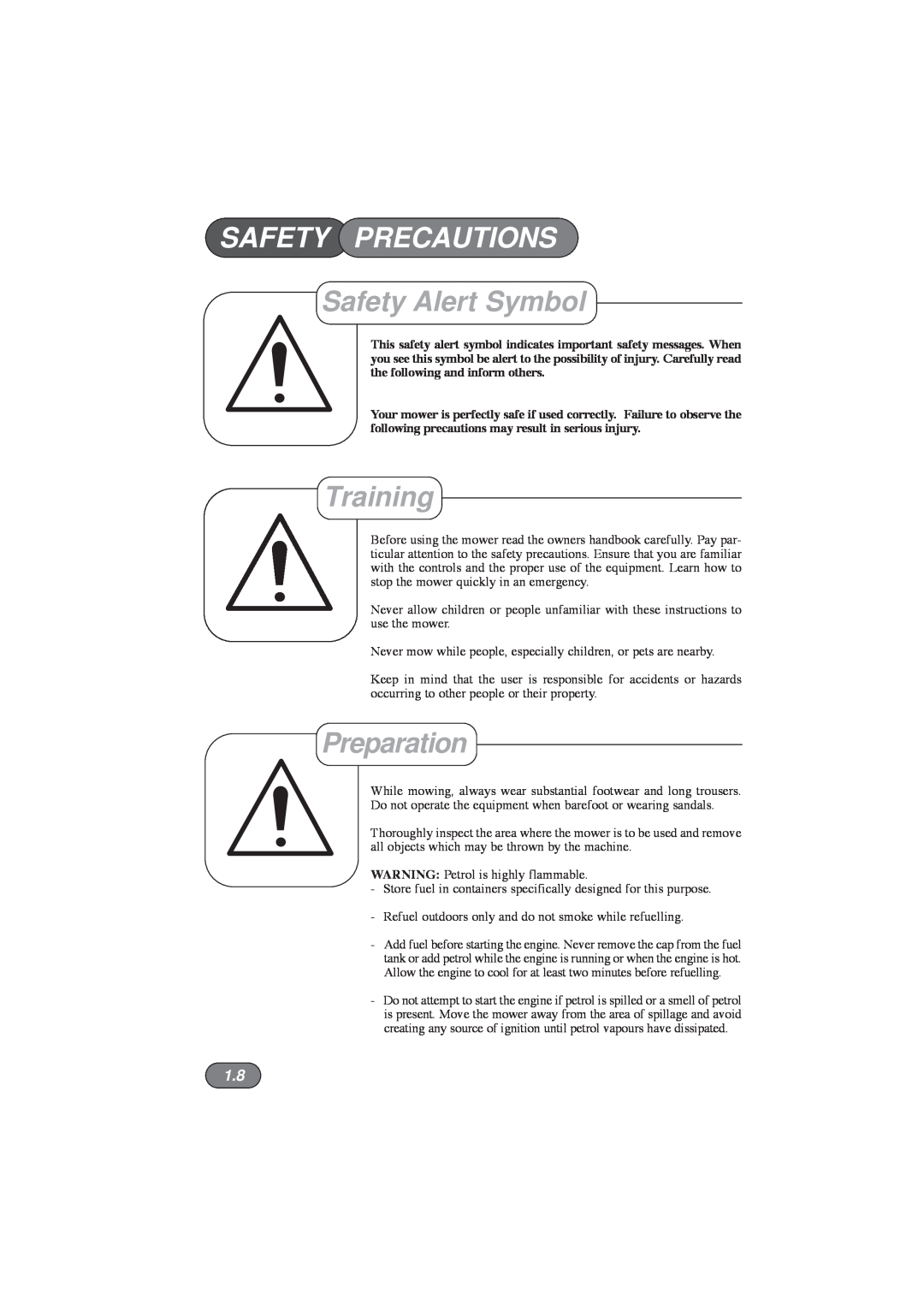 Hayter Mowers 435E, 432E, 434E, 433E manual Safety Precautions, Safety Alert Symbol, Training, Preparation 