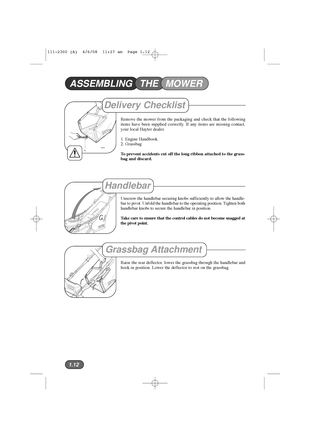 Hayter Mowers 43F manual Assembling the Mower, Delivery Checklist, Handlebar, Grassbag Attachment 