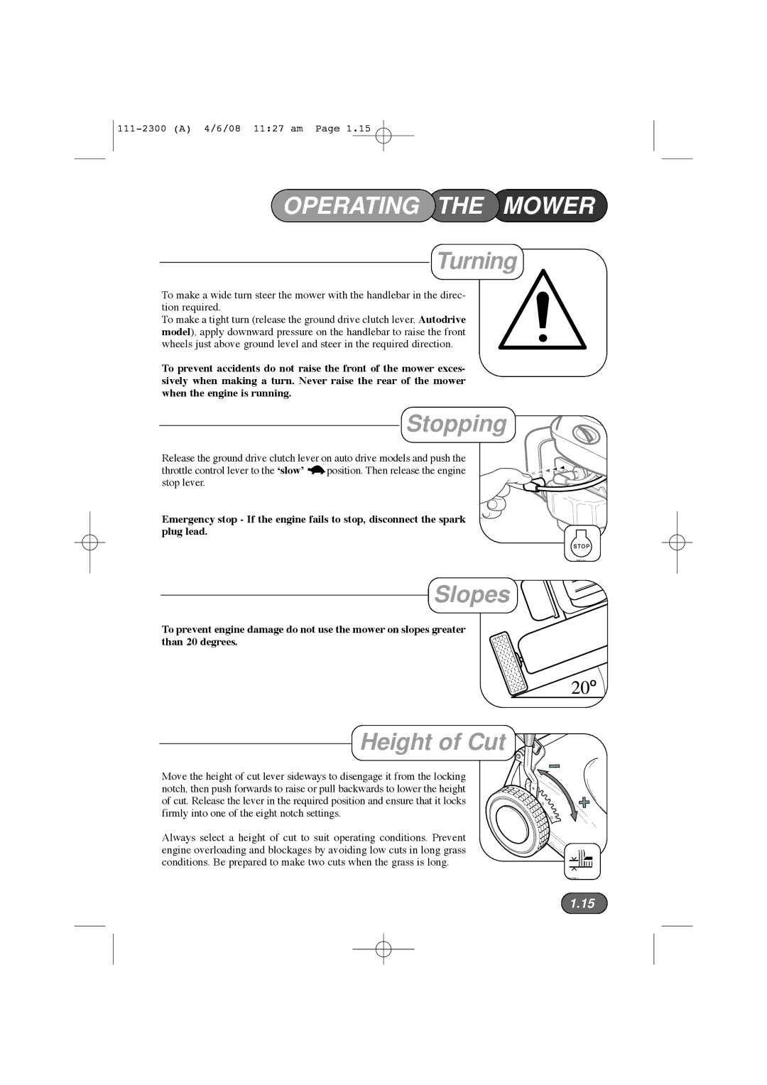 Hayter Mowers 43F manual Turning, Stopping, Slopes, Height of Cut 