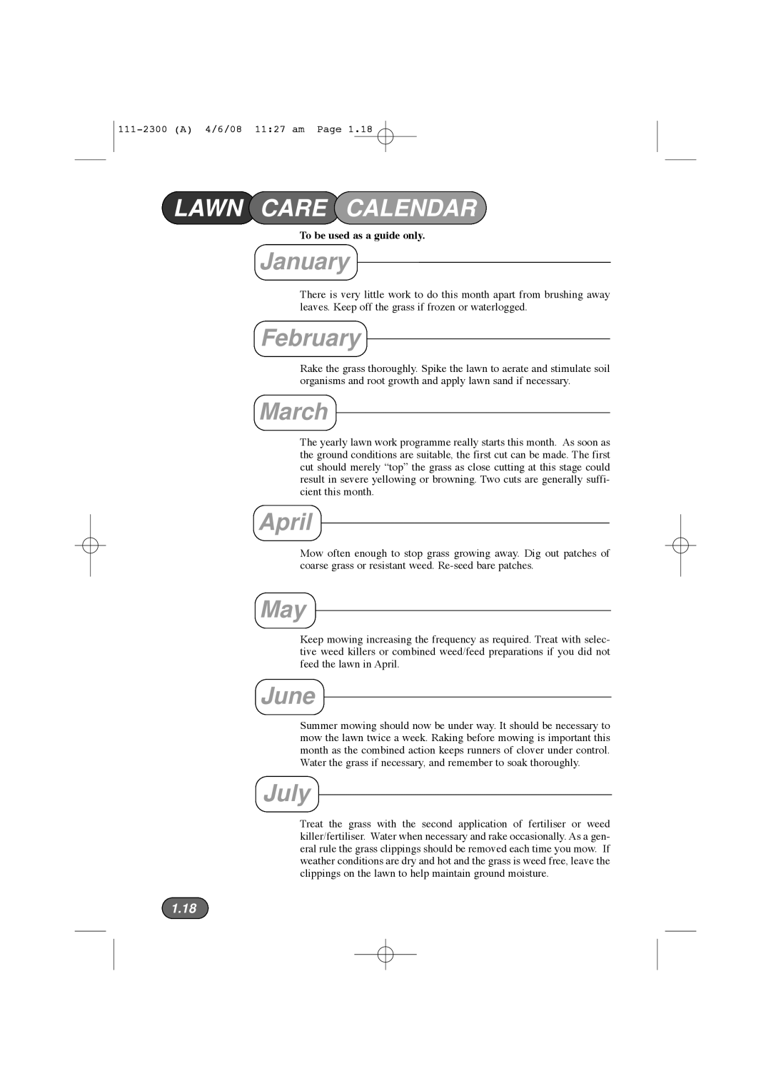 Hayter Mowers 43F manual Lawn Care Calendar 