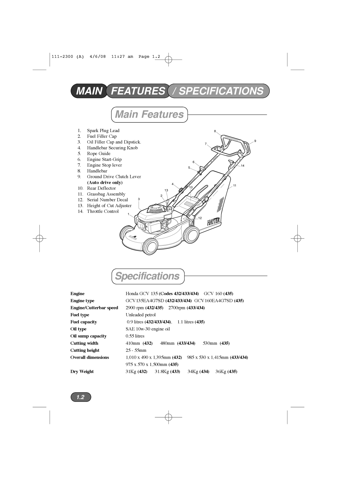 Hayter Mowers 43F manual Main Features / Specifications 