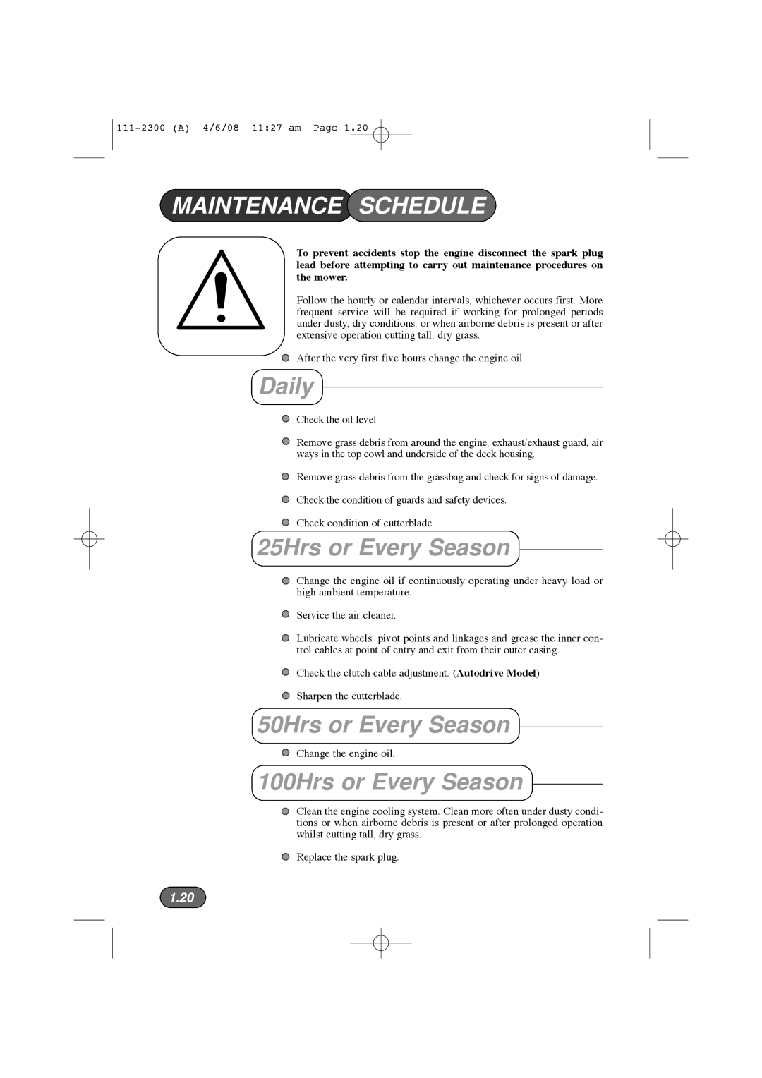 Hayter Mowers 43F manual Maintenance Schedule, Daily, 25Hrs or Every Season, 50Hrs or Every Season, 100Hrs or Every Season 