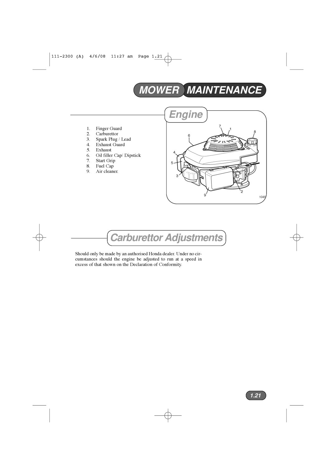 Hayter Mowers 43F manual Mower Maintenance, Engine, Carburettor Adjustments 