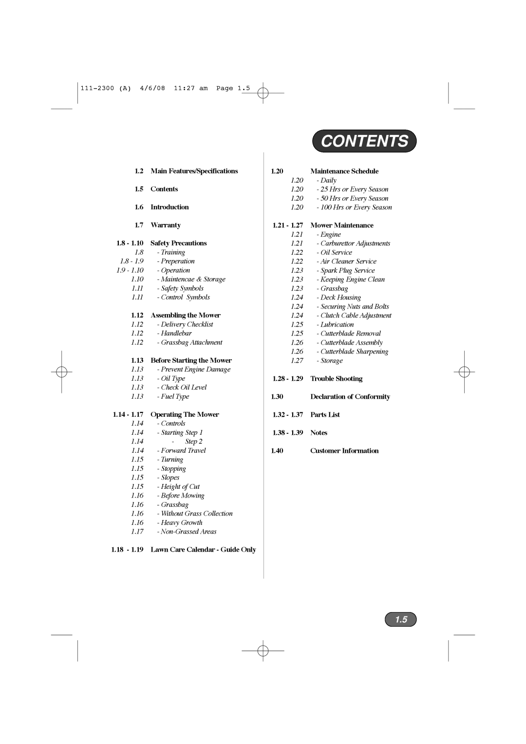 Hayter Mowers 43F manual Contents 