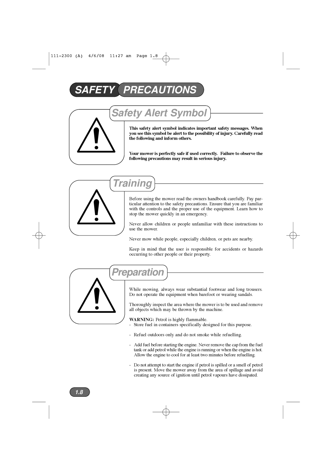 Hayter Mowers 43F manual Safety Precautions, Safety Alert Symbol, Training, Preparation 