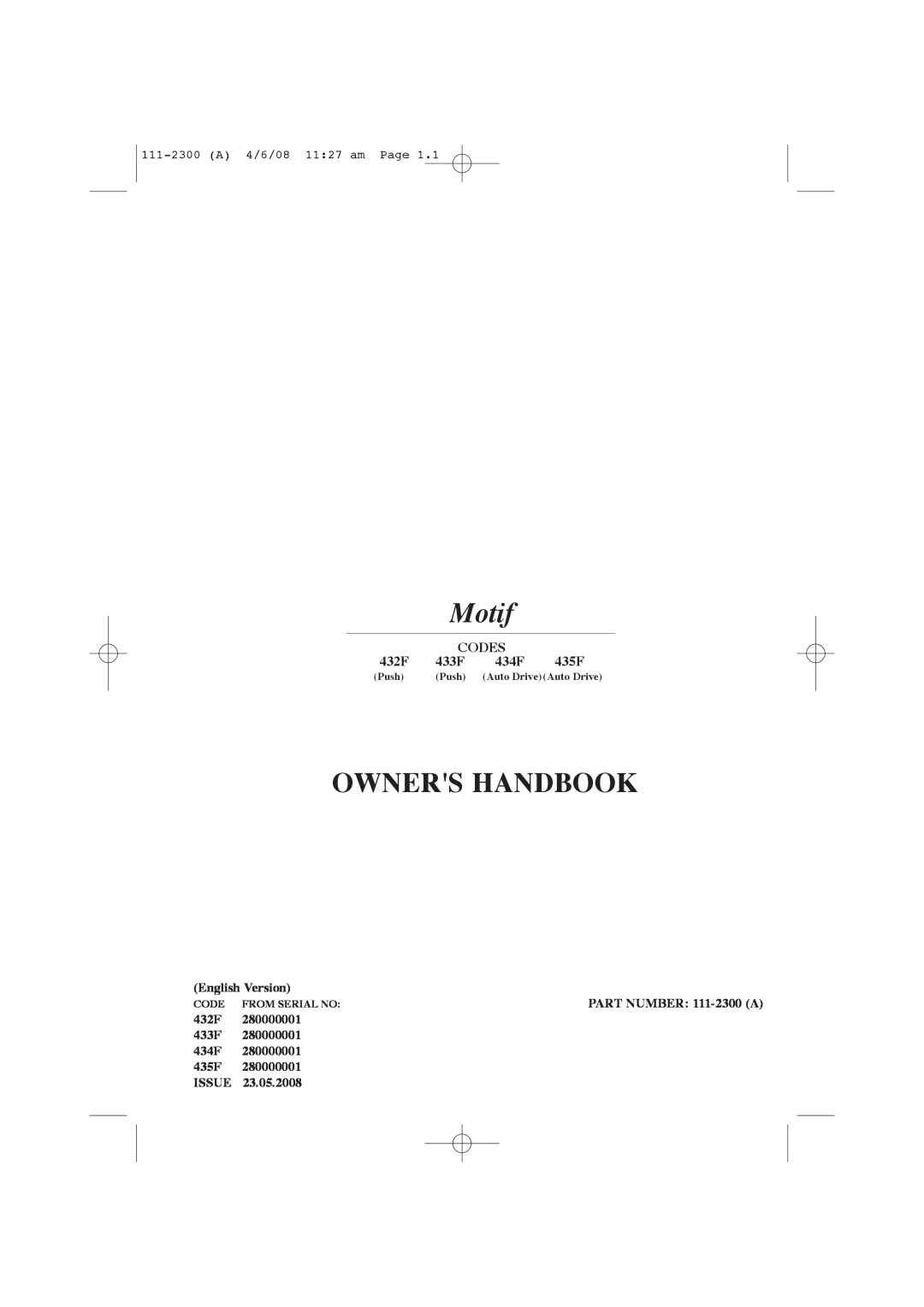 Hayter Mowers 43F manual Codes, 432F, 433F, 434F, 435F, Motif, Owners Handbook 