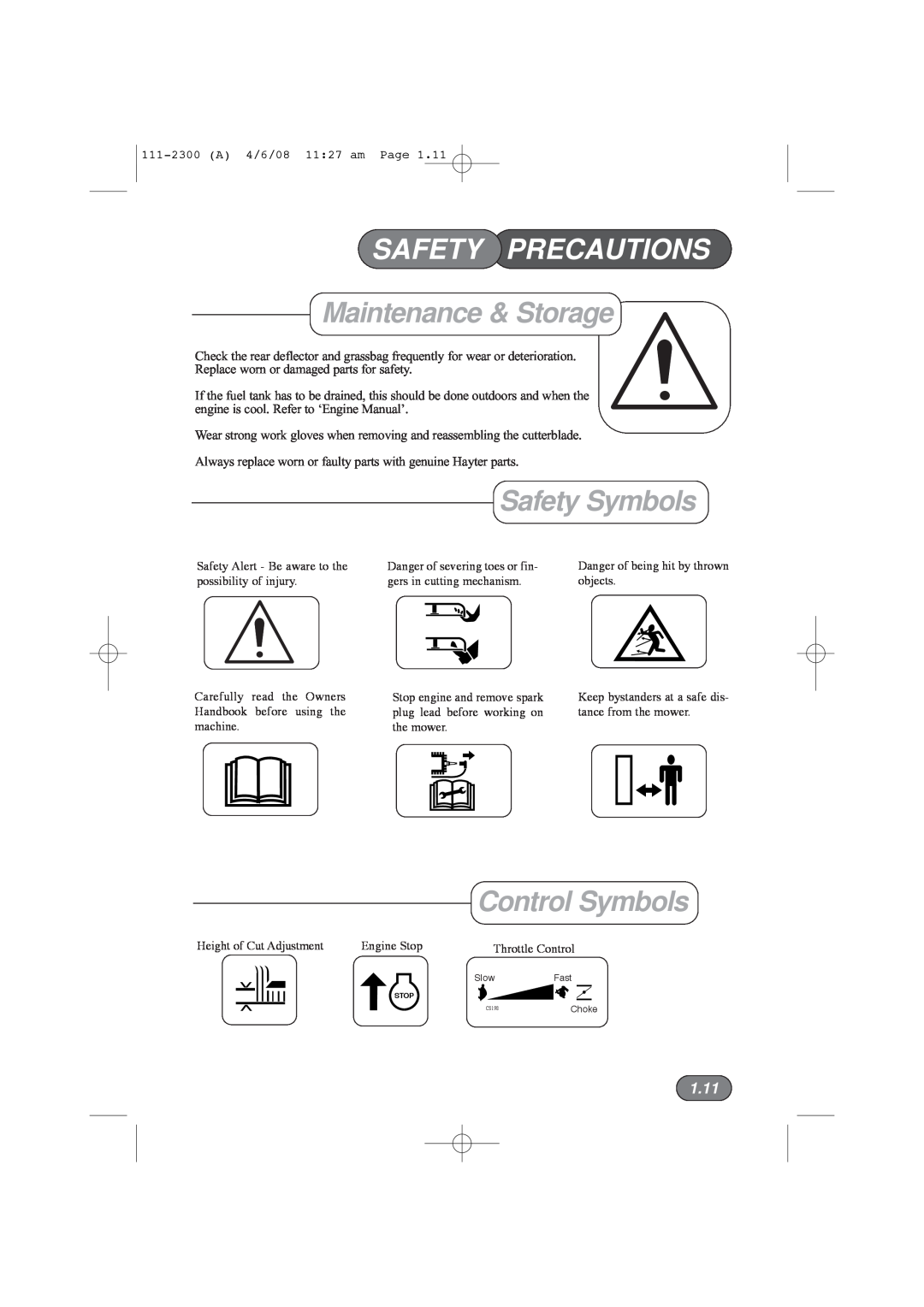 Hayter Mowers 43F manual Safety Symbols, Control Symbols, 1.11, Safety Precautions, Maintenance & Storage 