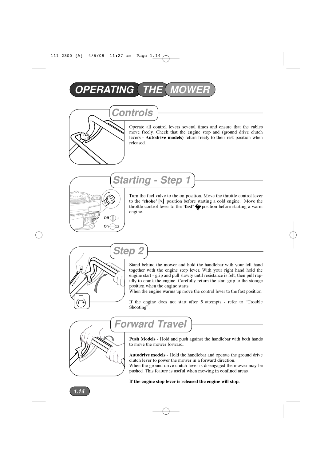 Hayter Mowers 43F manual Operating The Mower, Controls, Starting - Step, Forward Travel, 1.14 