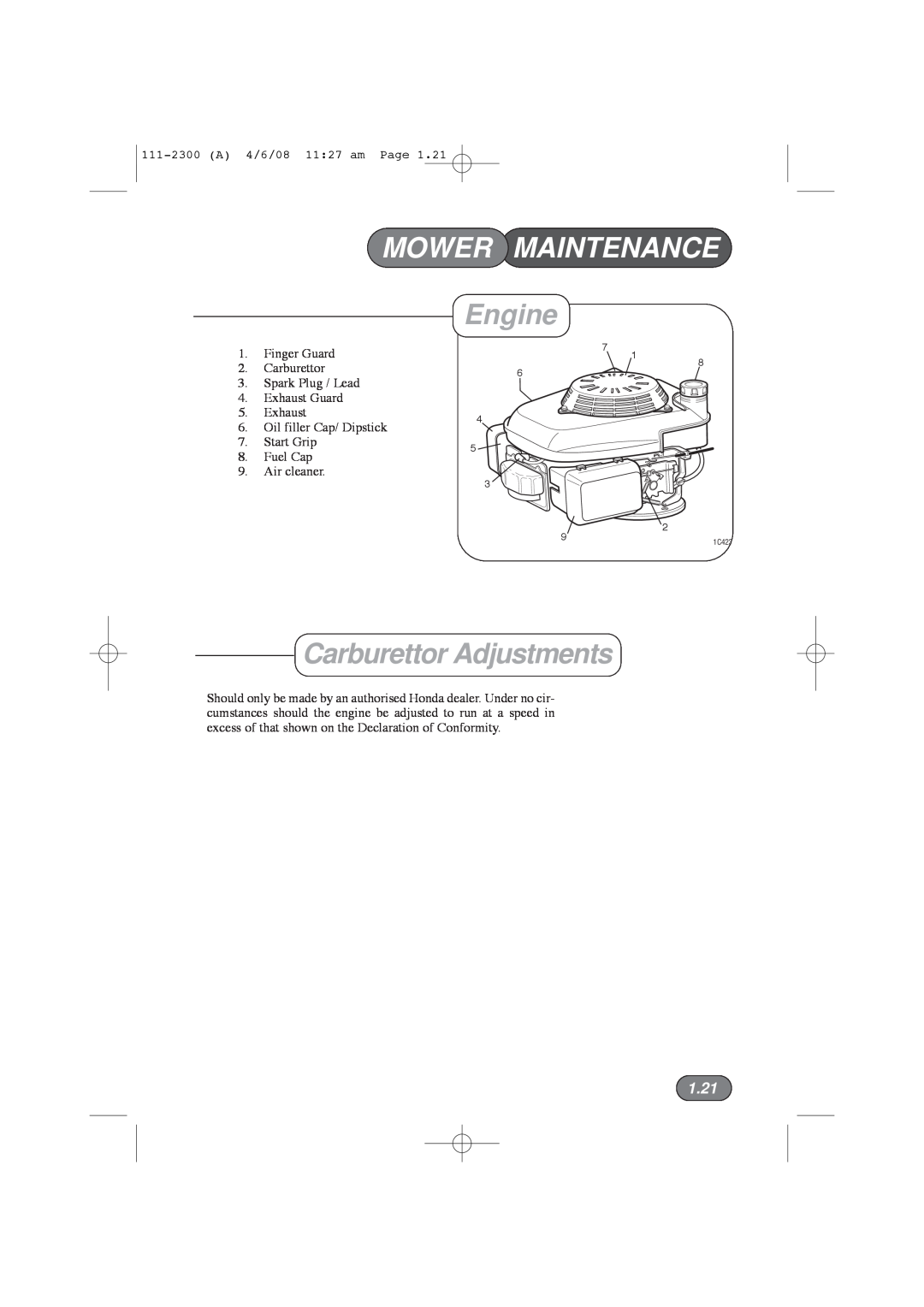 Hayter Mowers 43F manual Mower Maintenance, Engine, Carburettor Adjustments, 1.21 