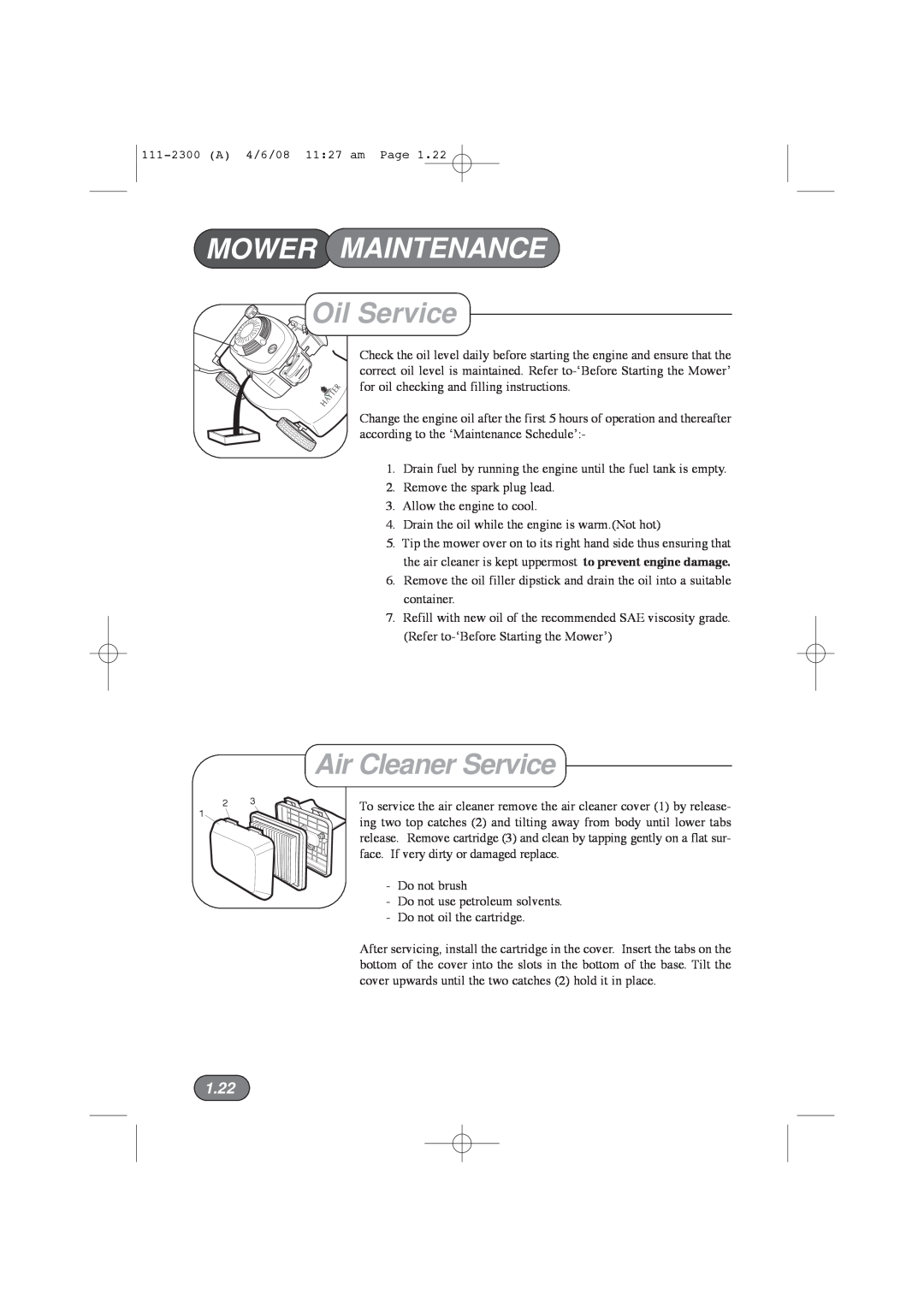 Hayter Mowers 43F manual Oil Service, Air Cleaner Service, 1.22, Mower Maintenance 