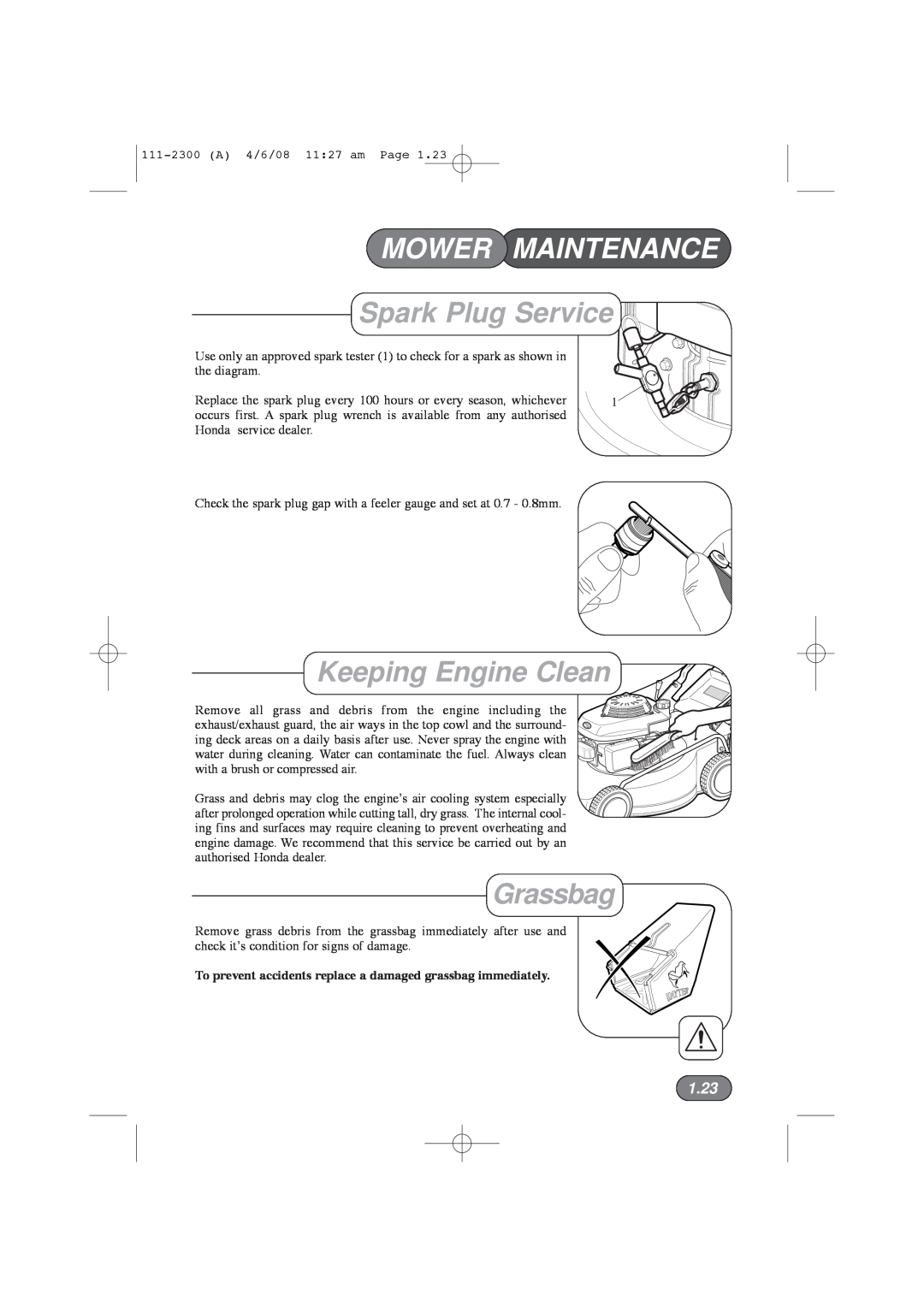 Hayter Mowers 43F manual Spark Plug Service, Keeping Engine Clean, 1.23, Mower Maintenance, Grassbag 