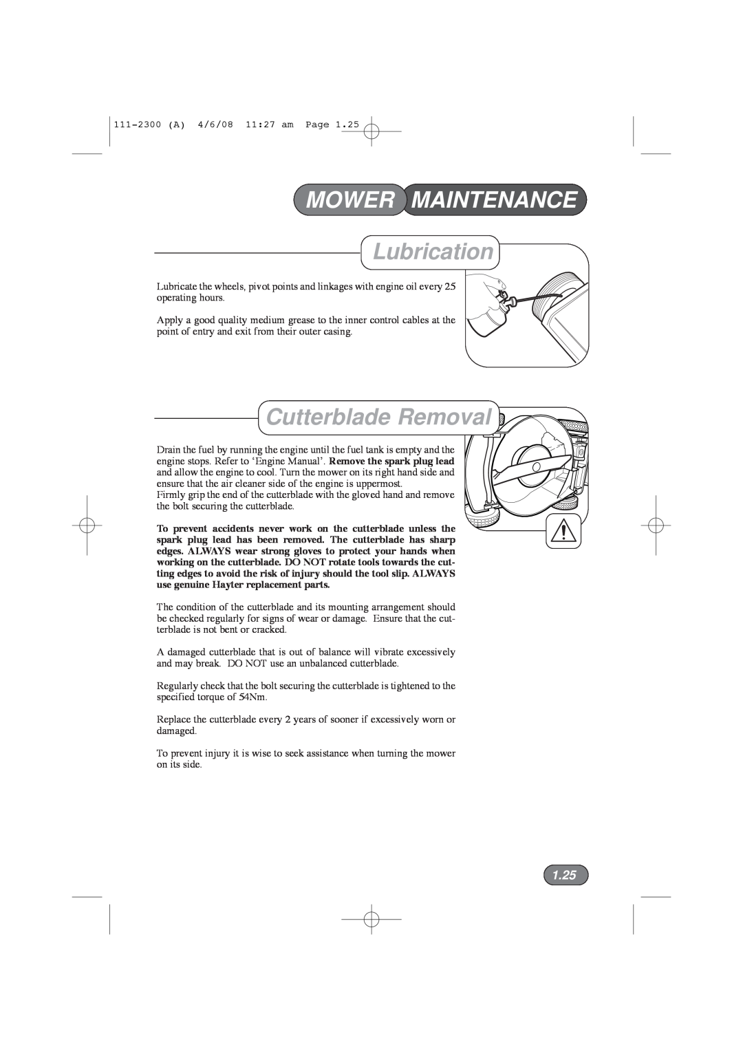 Hayter Mowers 43F manual Lubrication, Cutterblade Removal, 1.25, Mower Maintenance 
