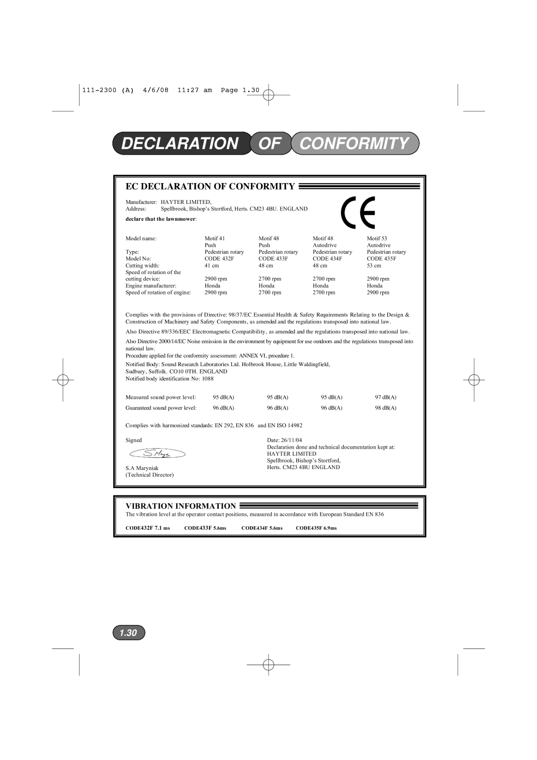 Hayter Mowers 43F manual 1.30, Vibration Information, Ec Declaration Of Conformity, 111-2300A 4/6/08 11 27 am Page 