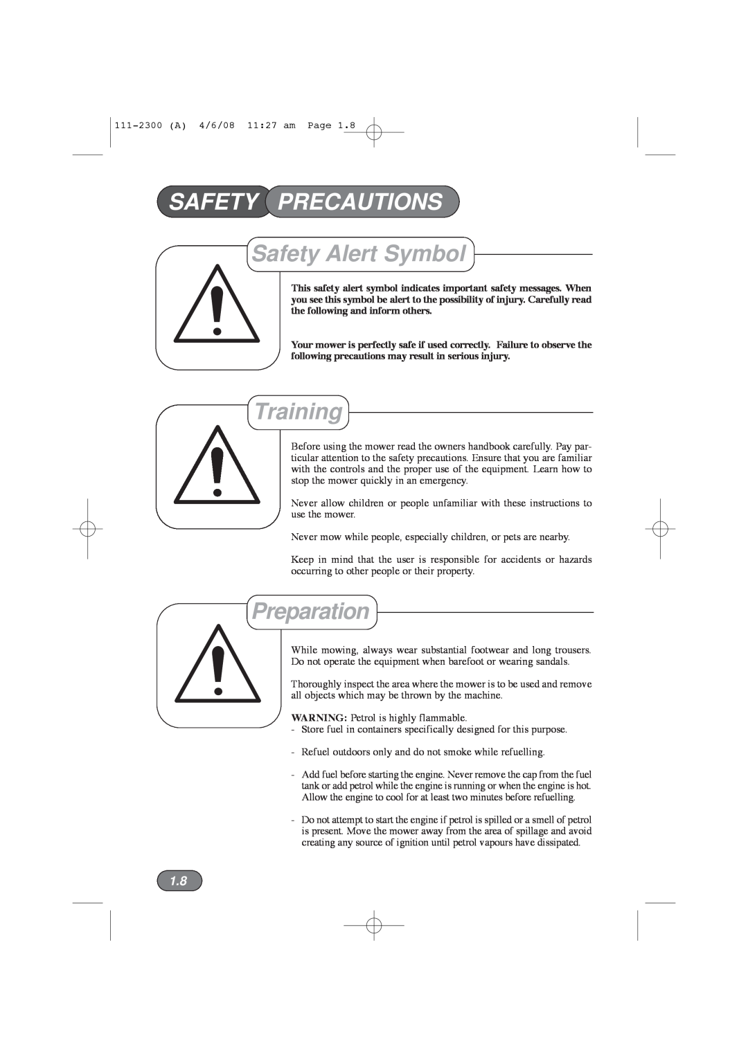Hayter Mowers 43F manual Safety Precautions, Safety Alert Symbol, Training, Preparation 