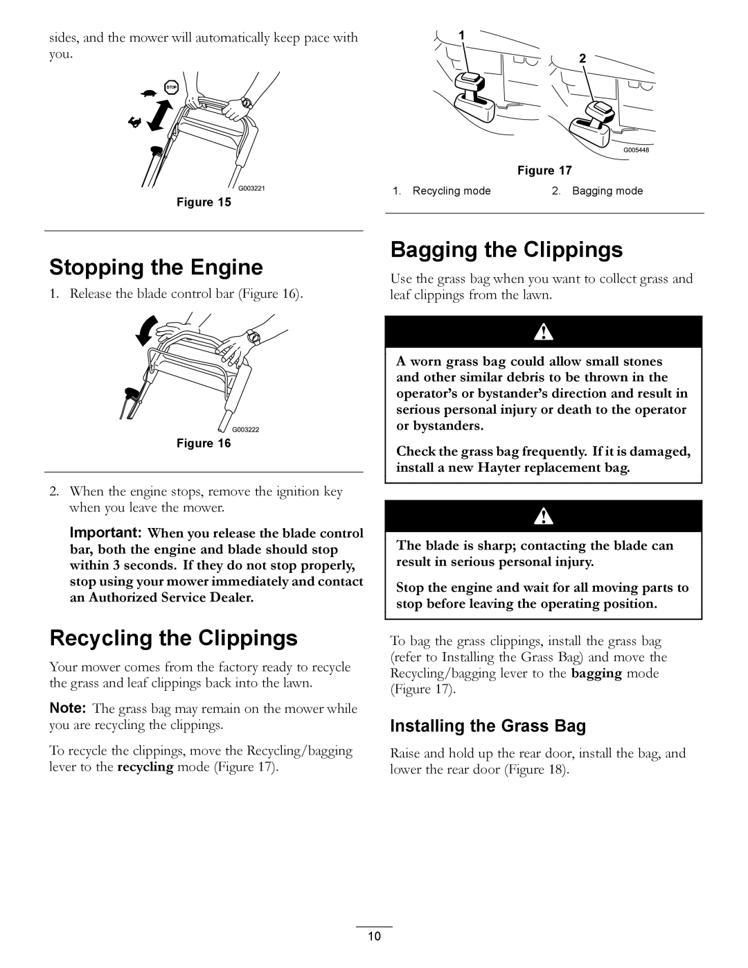 Hayter Mowers 447F manual Stopping the Engine, Recycling the Clippings, Bagging the Clippings, Installing the Grass Bag 