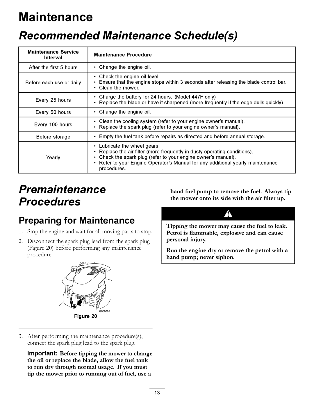 Hayter Mowers 447F manual Recommended Maintenance Schedules, Premaintenance Procedures, Preparing for Maintenance 