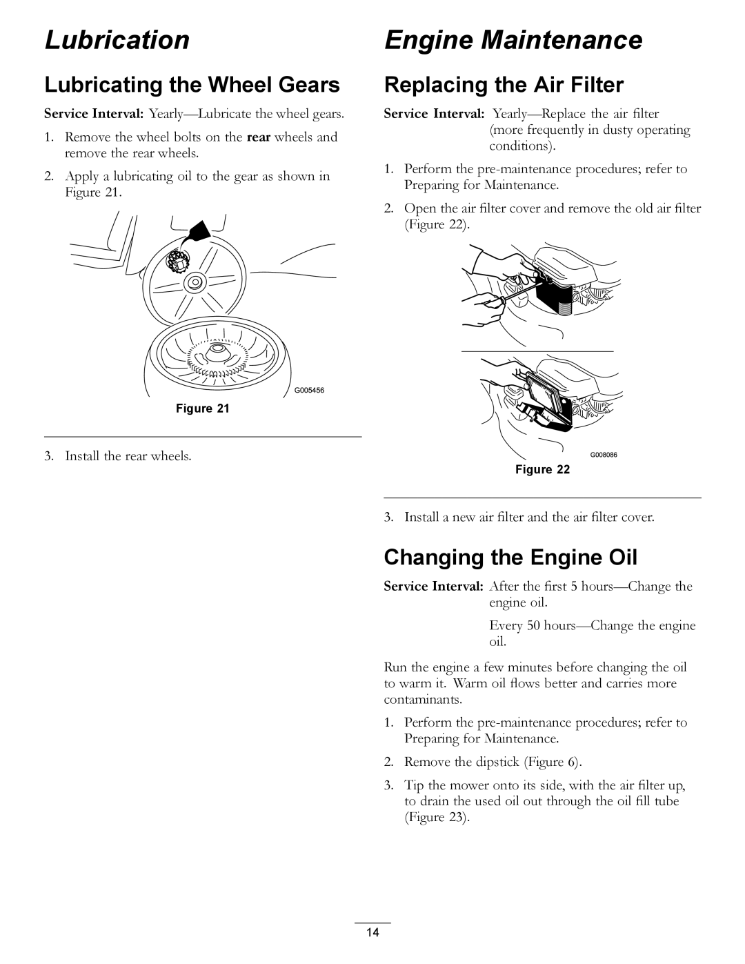 Hayter Mowers 447F manual Lubrication, Engine Maintenance, Lubricating the Wheel Gears, Replacing the Air Filter 