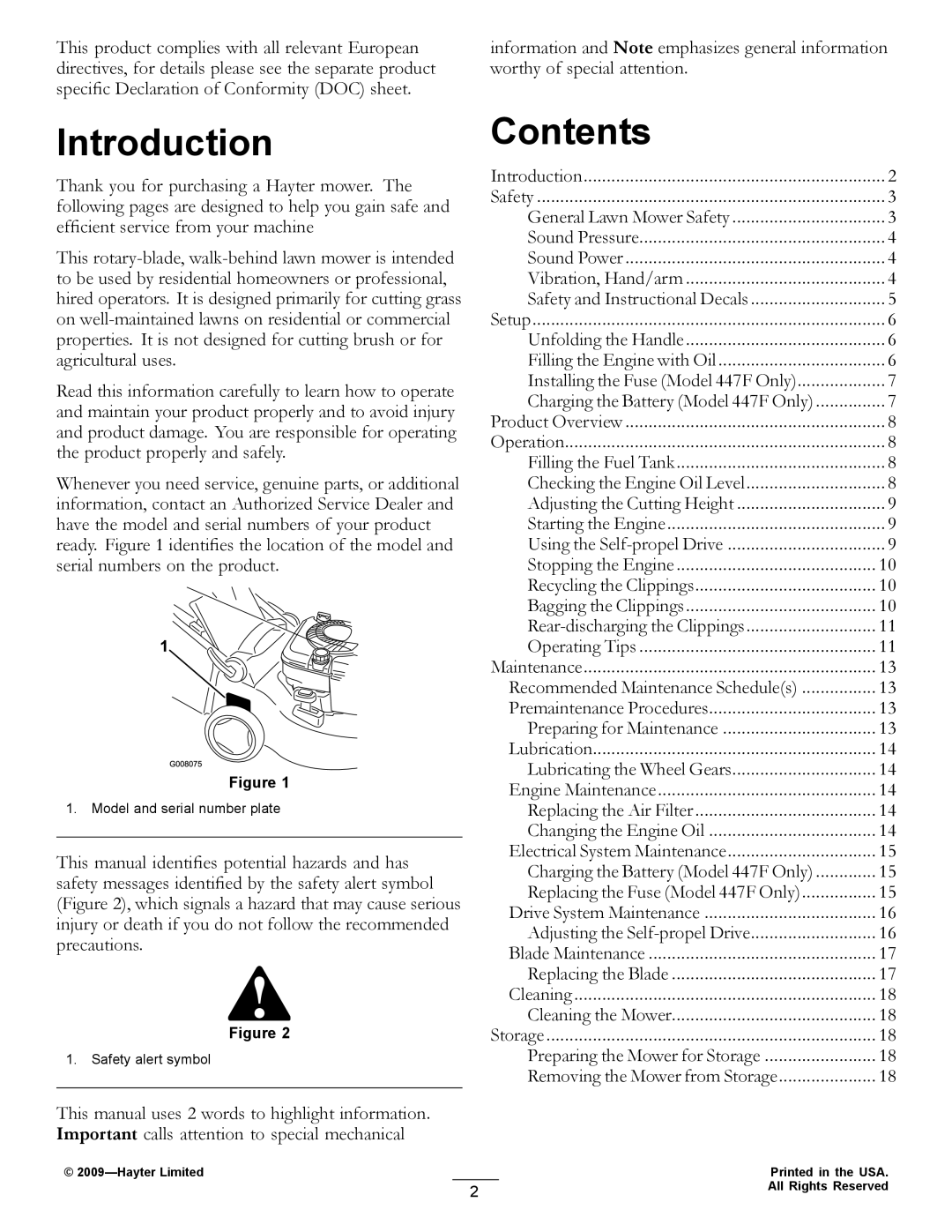 Hayter Mowers 447F manual Introduction, Contents 