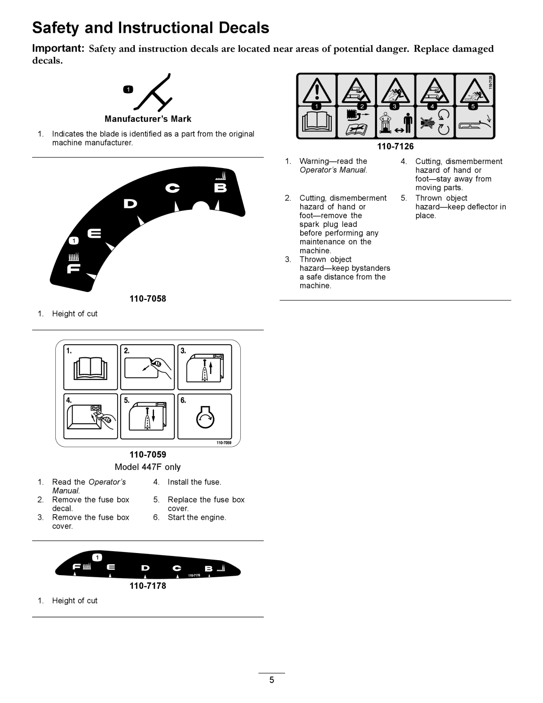 Hayter Mowers 447F manual Safety and Instructional Decals, 110-7059 