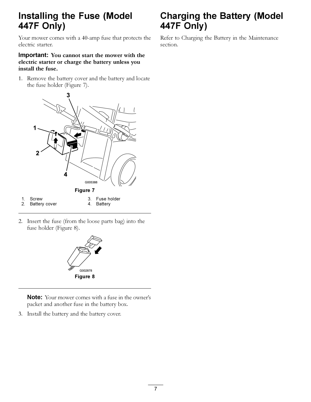 Hayter Mowers manual Installing the Fuse Model 447F Only, Charging the Battery Model 447F Only 