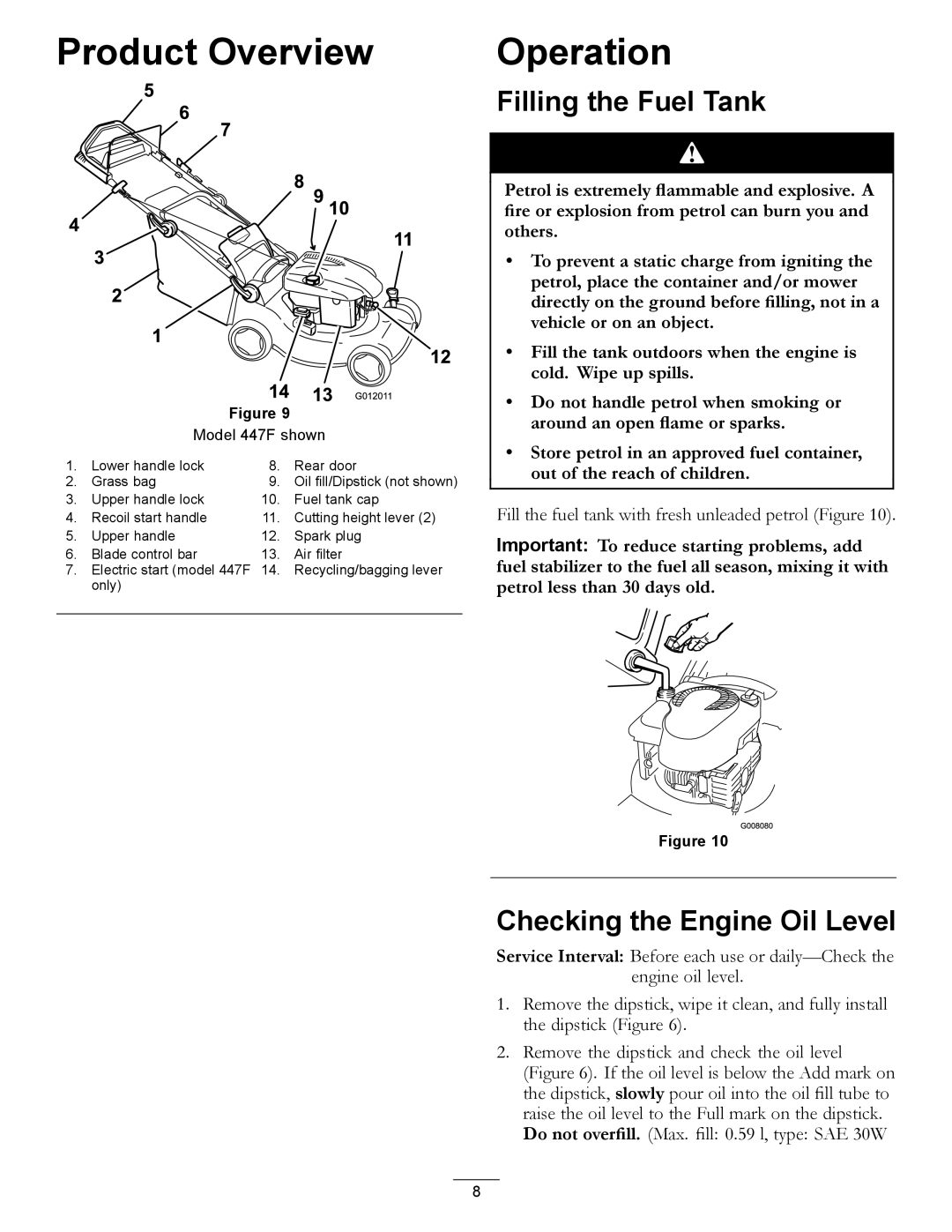 Hayter Mowers 447F manual Product Overview Operation, Filling the Fuel Tank, Checking the Engine Oil Level 