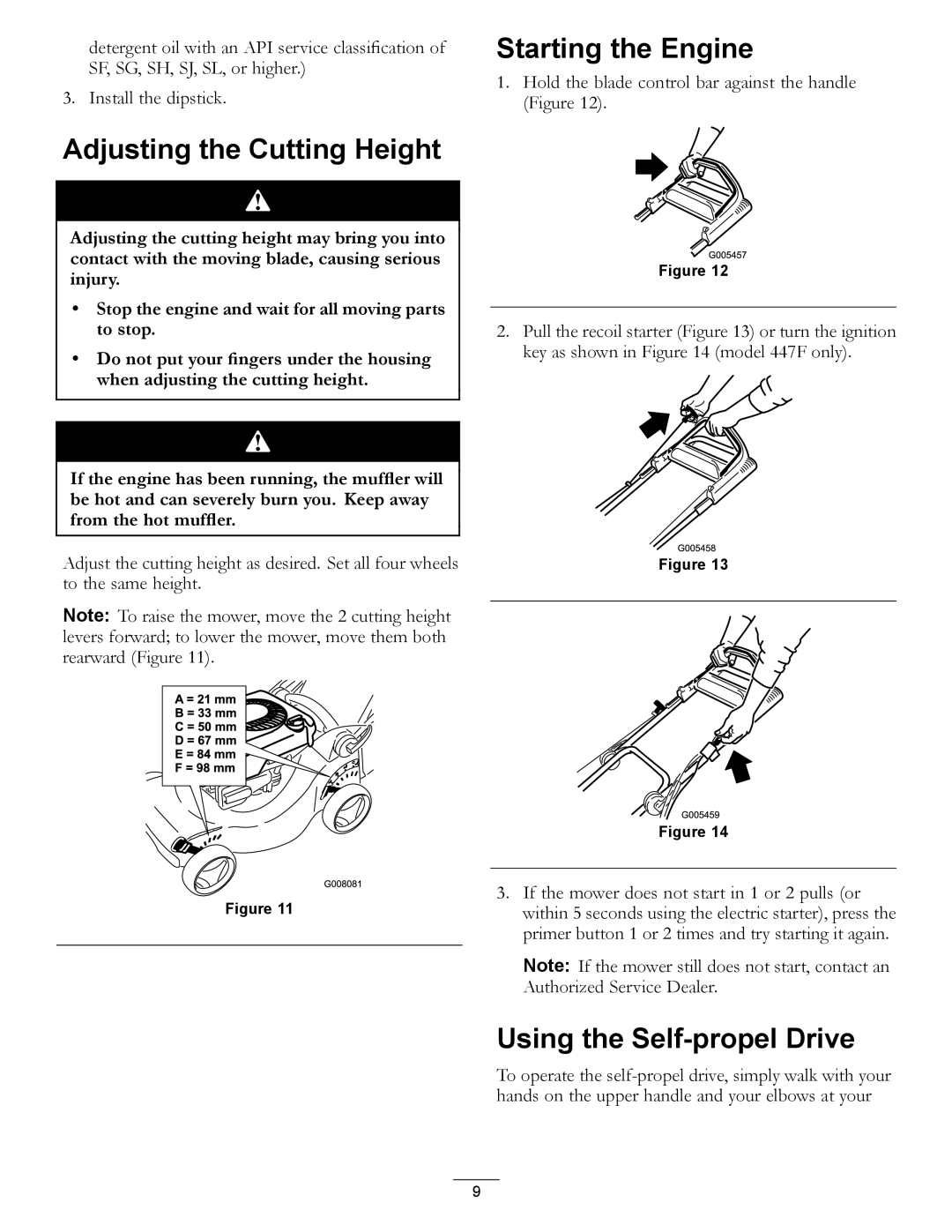 Hayter Mowers 447F manual Starting the Engine, Adjusting the Cutting Height, Using the Self-propel Drive 