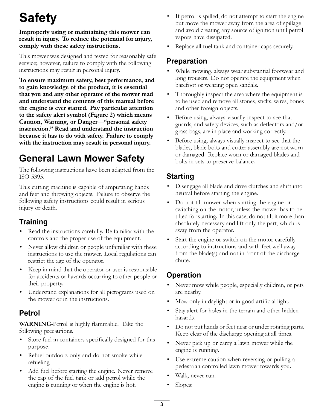 Hayter Mowers 447F manual General Lawn Mower Safety, Training, Petrol, Preparation, Starting, Operation 