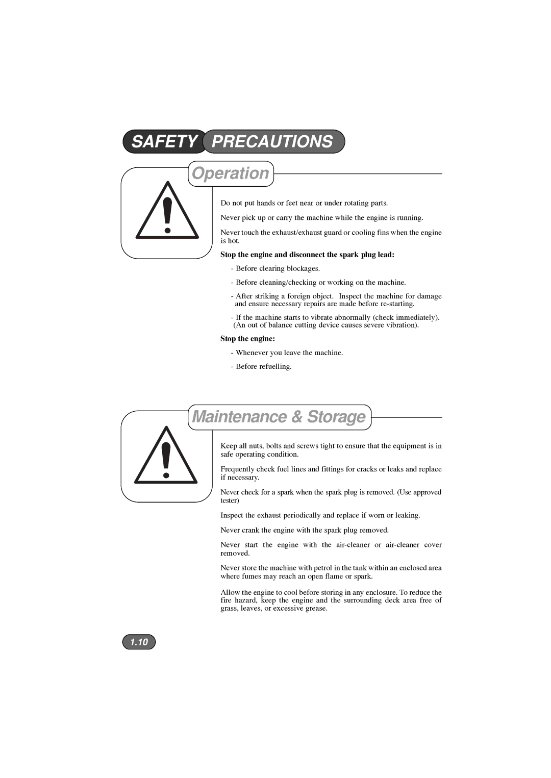 Hayter Mowers 450, 453, 446 Hovertrim manual Maintenance & Storage, Stop the engine and disconnect the spark plug lead 