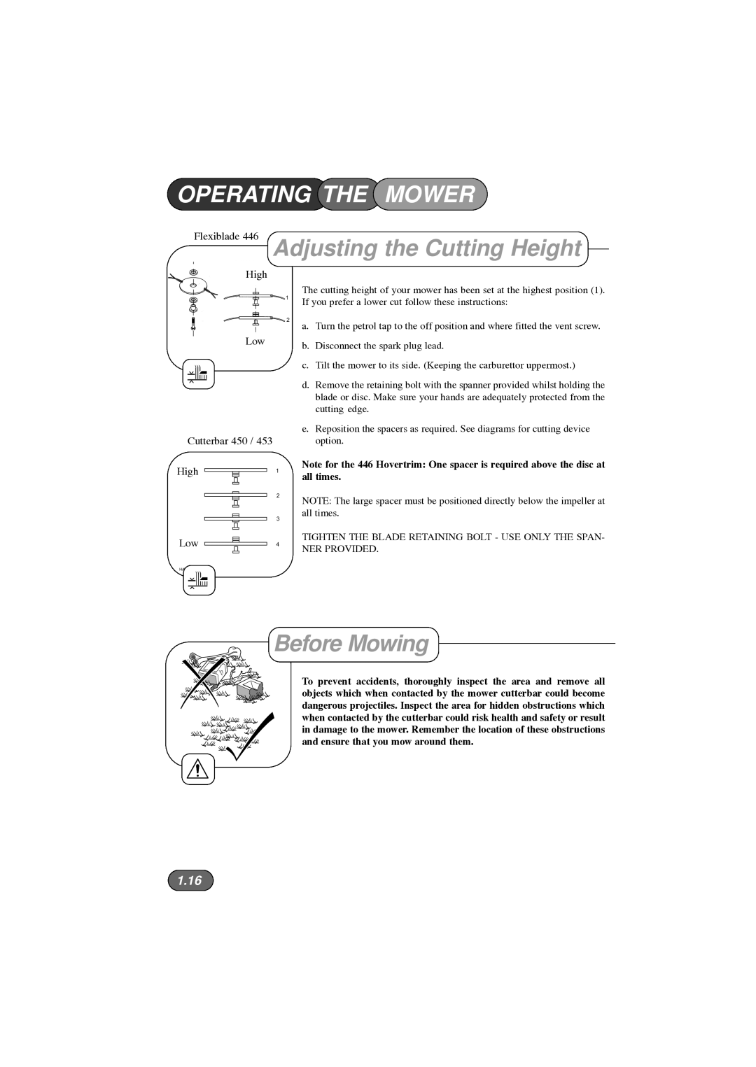 Hayter Mowers 453, 450, 446 Hovertrim manual Adjusting the Cutting Height, Before Mowing 