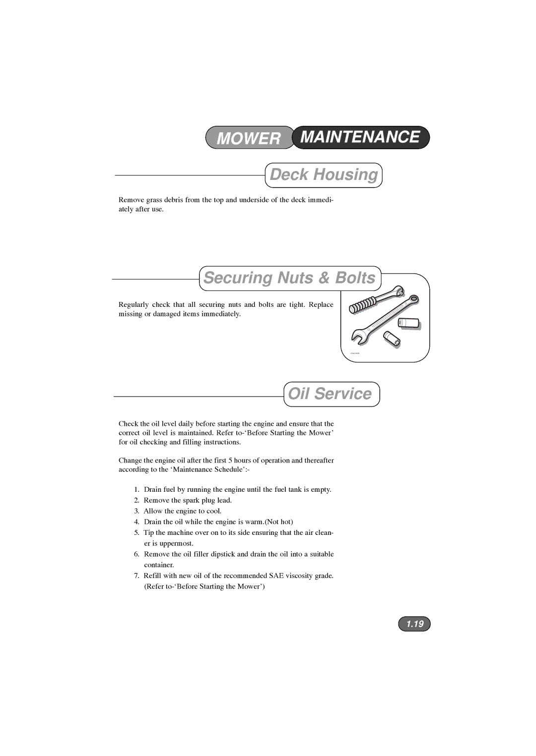 Hayter Mowers 446 Hovertrim, 453, 450 manual Deck Housing, Securing Nuts & Bolts, Oil Service 