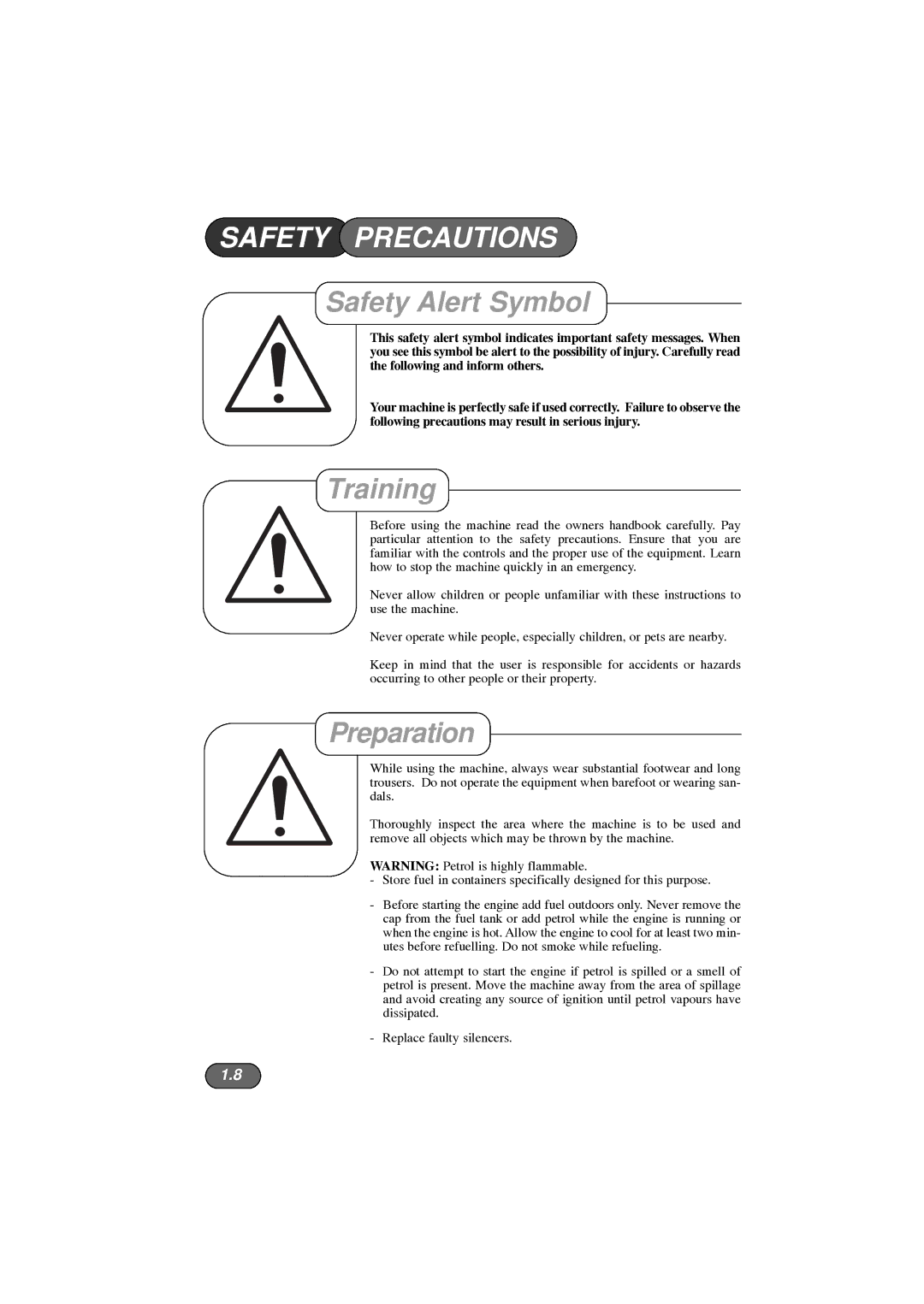 Hayter Mowers 453, 450, 446 Hovertrim manual Safety Precautions, Safety Alert Symbol, Training, Preparation 