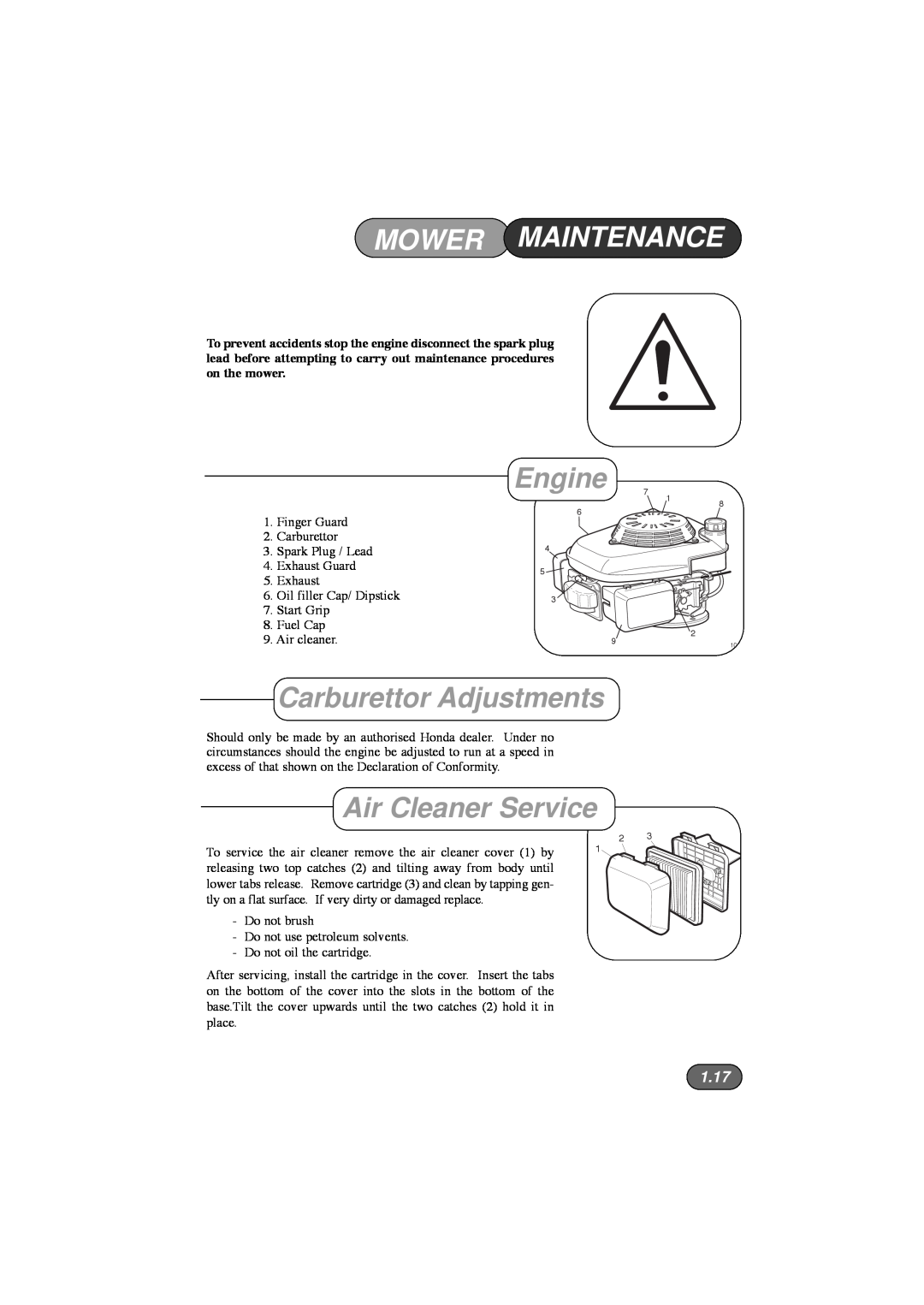 Hayter Mowers 453, 450, 446 Hovertrim manual Mower Maintenance, Engine, Carburettor Adjustments, Air Cleaner Service, 1.17 