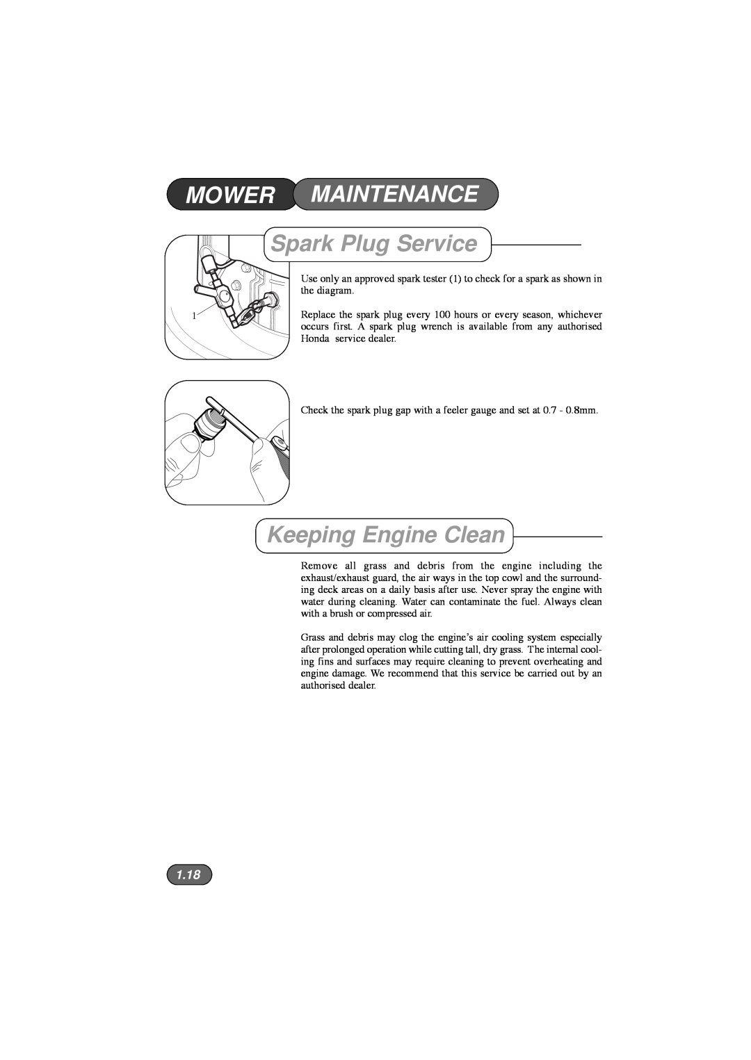 Hayter Mowers 450, 453, 446 Hovertrim manual Mower, Maintenance, Spark Plug Service, Keeping Engine Clean, 1.18 