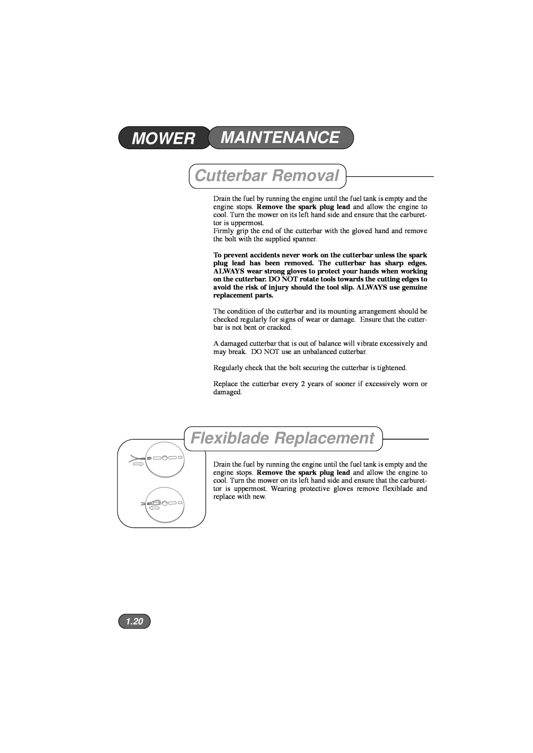 Hayter Mowers 453, 450, 446 Hovertrim manual Cutterbar Removal, Flexiblade Replacement, 1.20, Mower Maintenance 