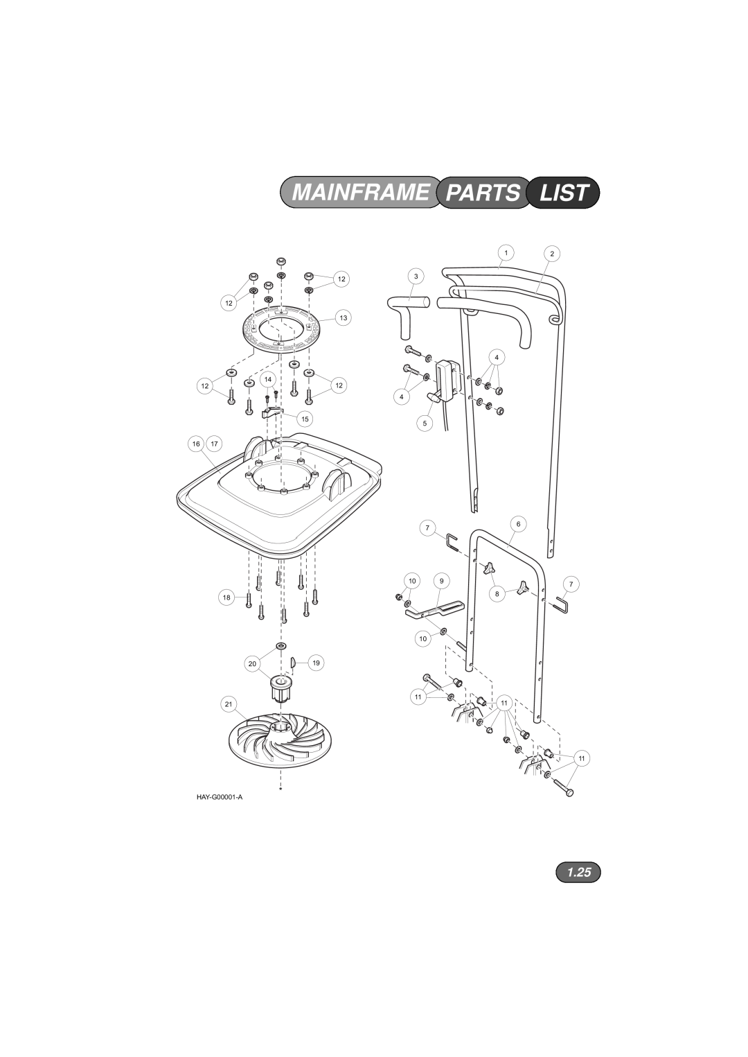 Hayter Mowers 453, 450, 446 Hovertrim manual Mainframe Parts List, 1.25, HAY-G00001-A 